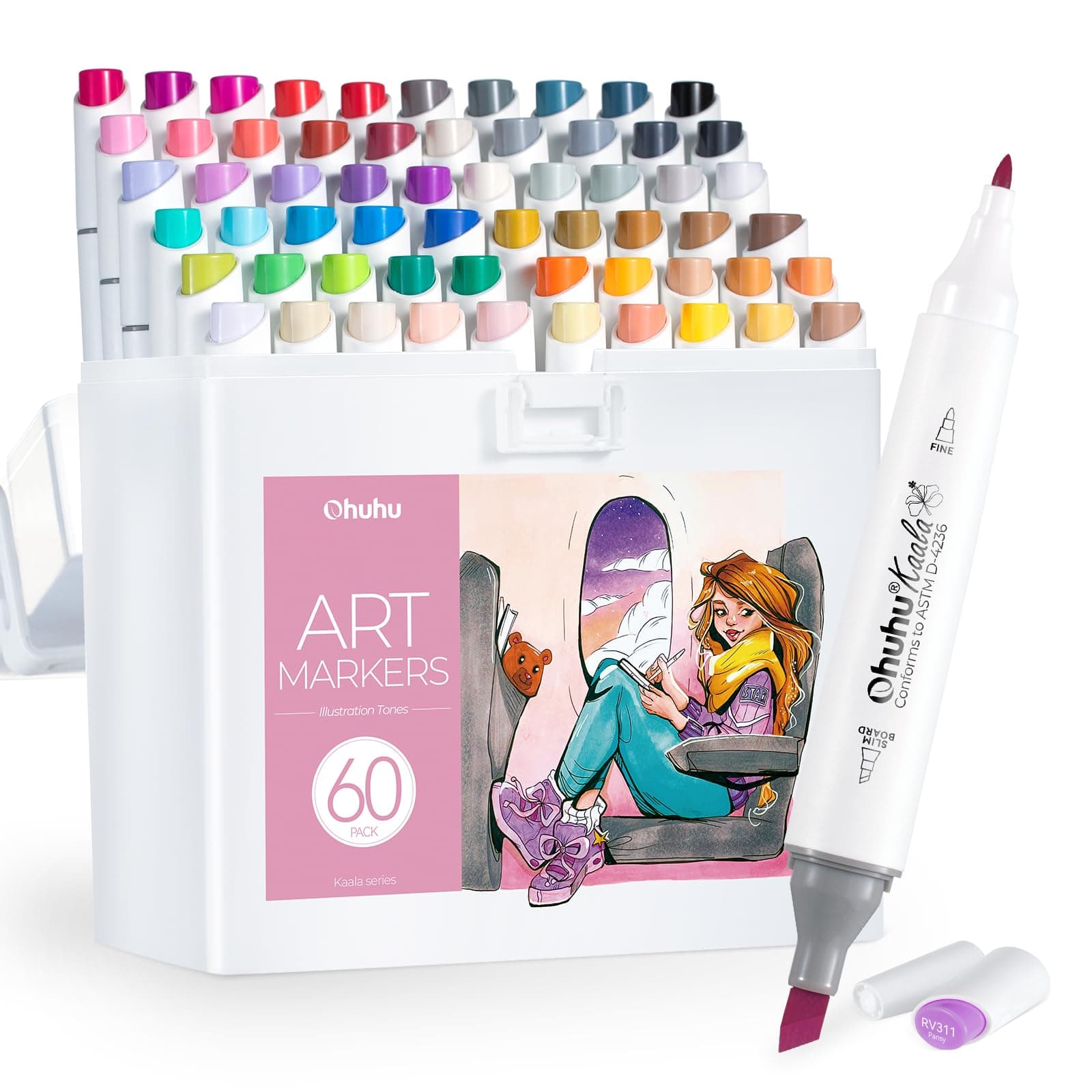 Alcohol Markers: 60 Colors Slim Broad and Fine Double Tipped Kaala Marker for Artists Adults Coloring Drawing Cartoon Anime Comic - Professional Art Pens with Ink Refillable Giftable Pen Set