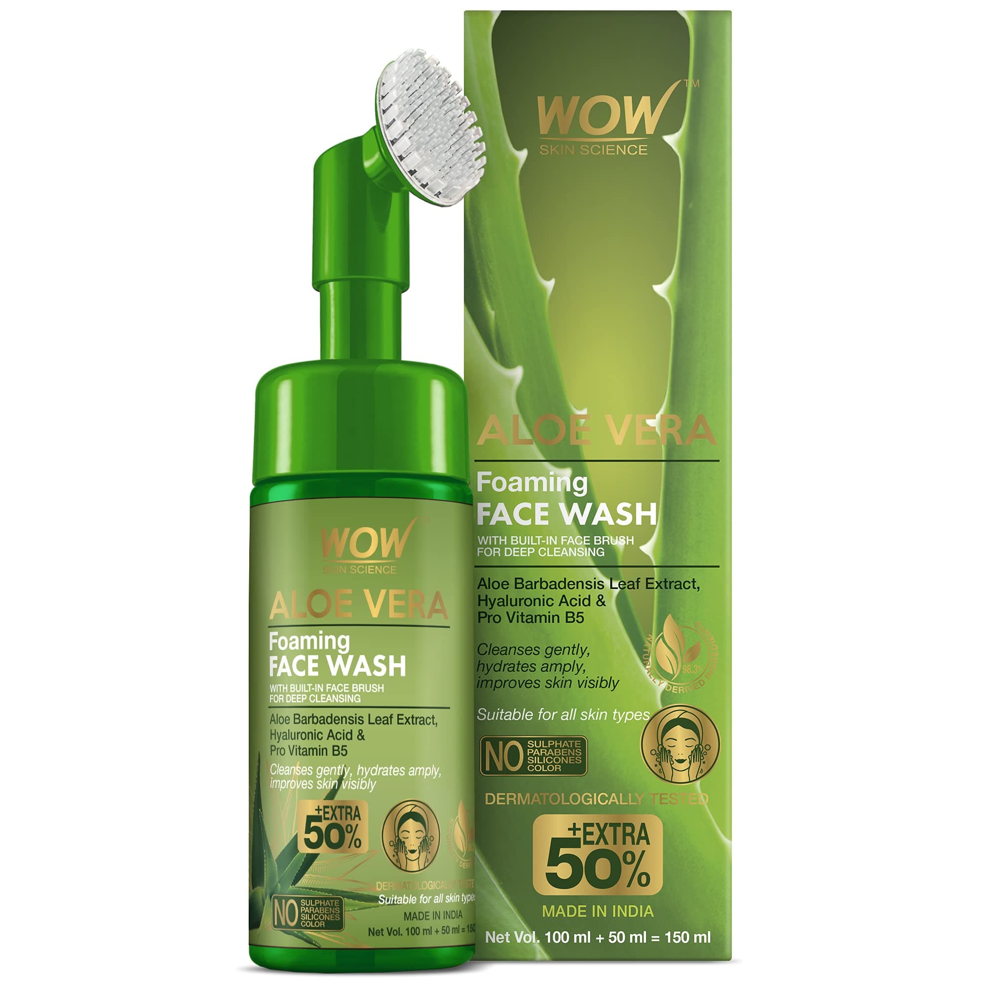 Aloe Vera Foaming Face Wash With Built-In Face Brush For Deep Cleansing - No Parabens, Sulphate, Silicones & Color, 100 ml