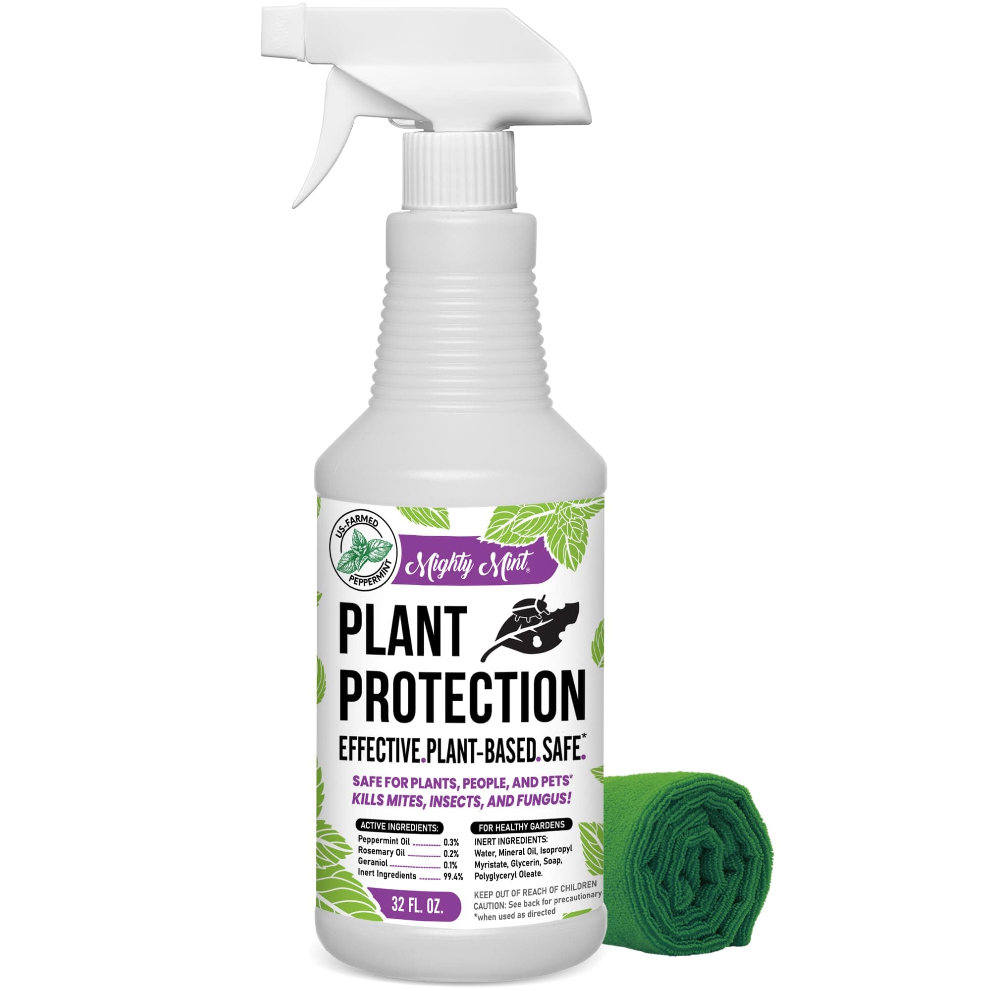 Mighty Mint Peppermint Oil Plant Protection Spray – Insect & Pest Control for Gnats, Spider Mites & Aphids – Plant-Based, Easy-to-Use with Microfiber Cloth- 32 oz