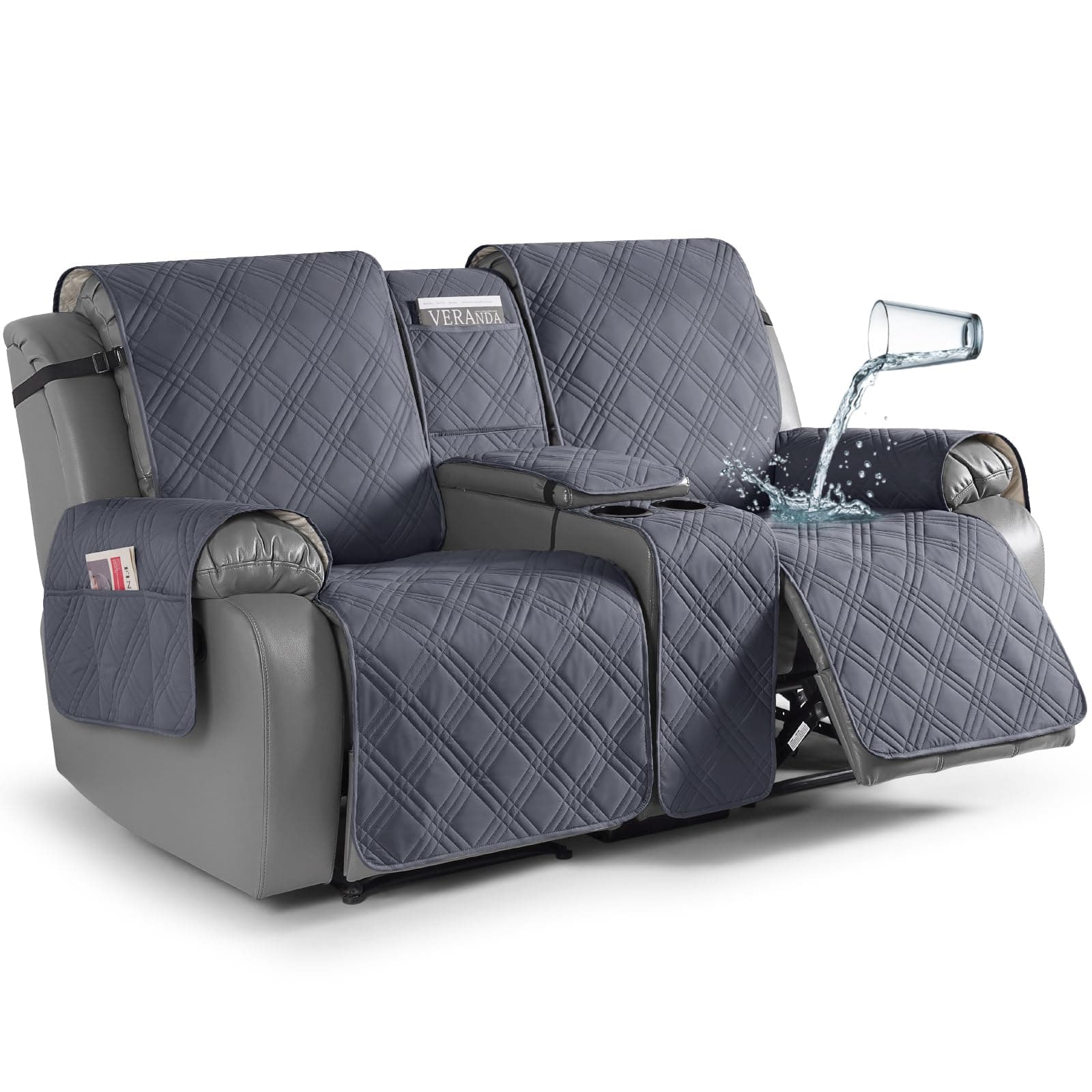 TAOCOCO Loveseat Recliner Cover with Console, Non-Slip Split Reclining Pet Cover for Dual Loveseat Recliner, Furniture Protector with Elastic Straps (2 Seater, Dark Grey)