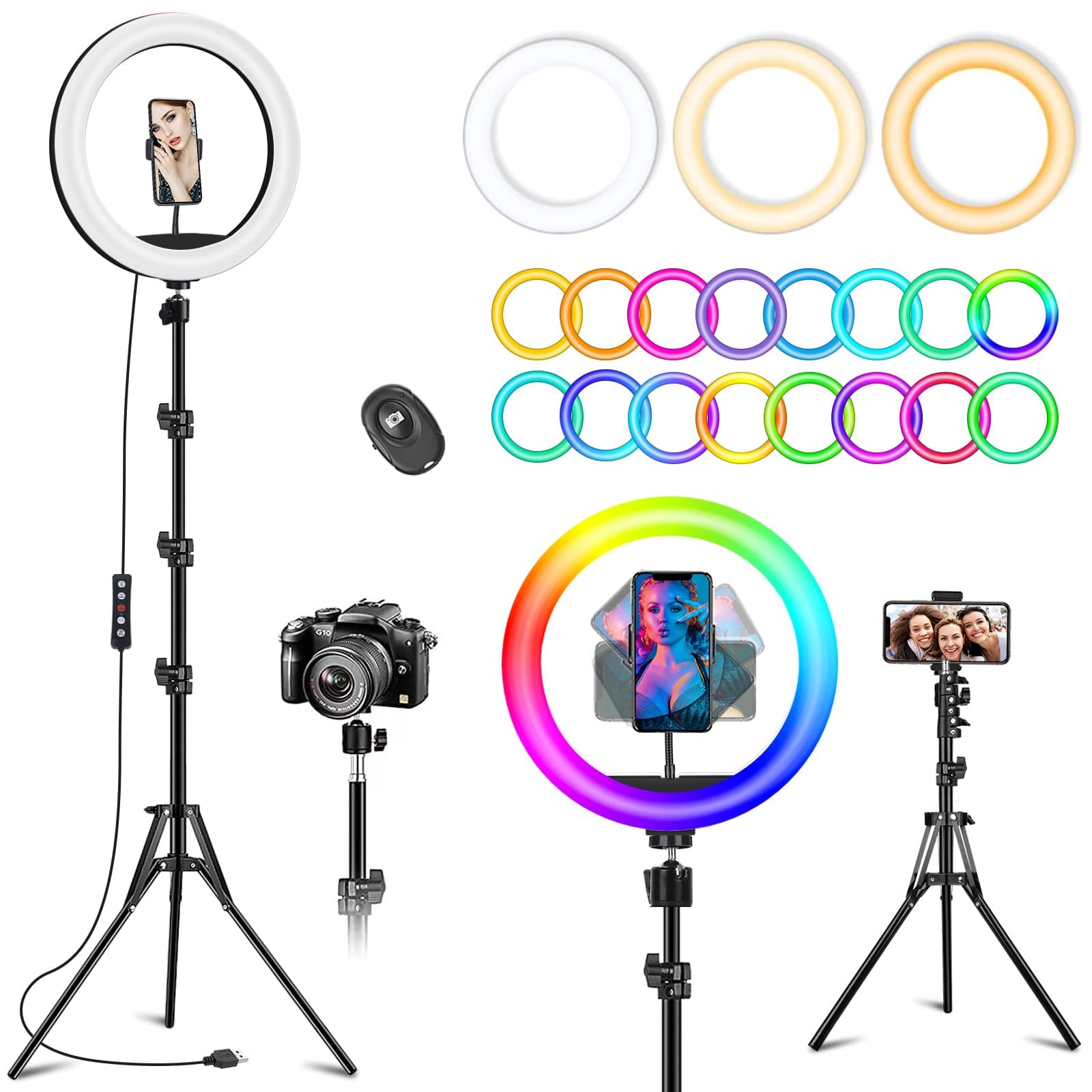 10.3" Ring Light with Tripod and Phone Holder, Selfie Ring Light with 51 Color Modes, Circle Lighting for iPhone, Dimmable LED Phone Ringlight for Makeup/Video Recording/Photography Valentine's Gift