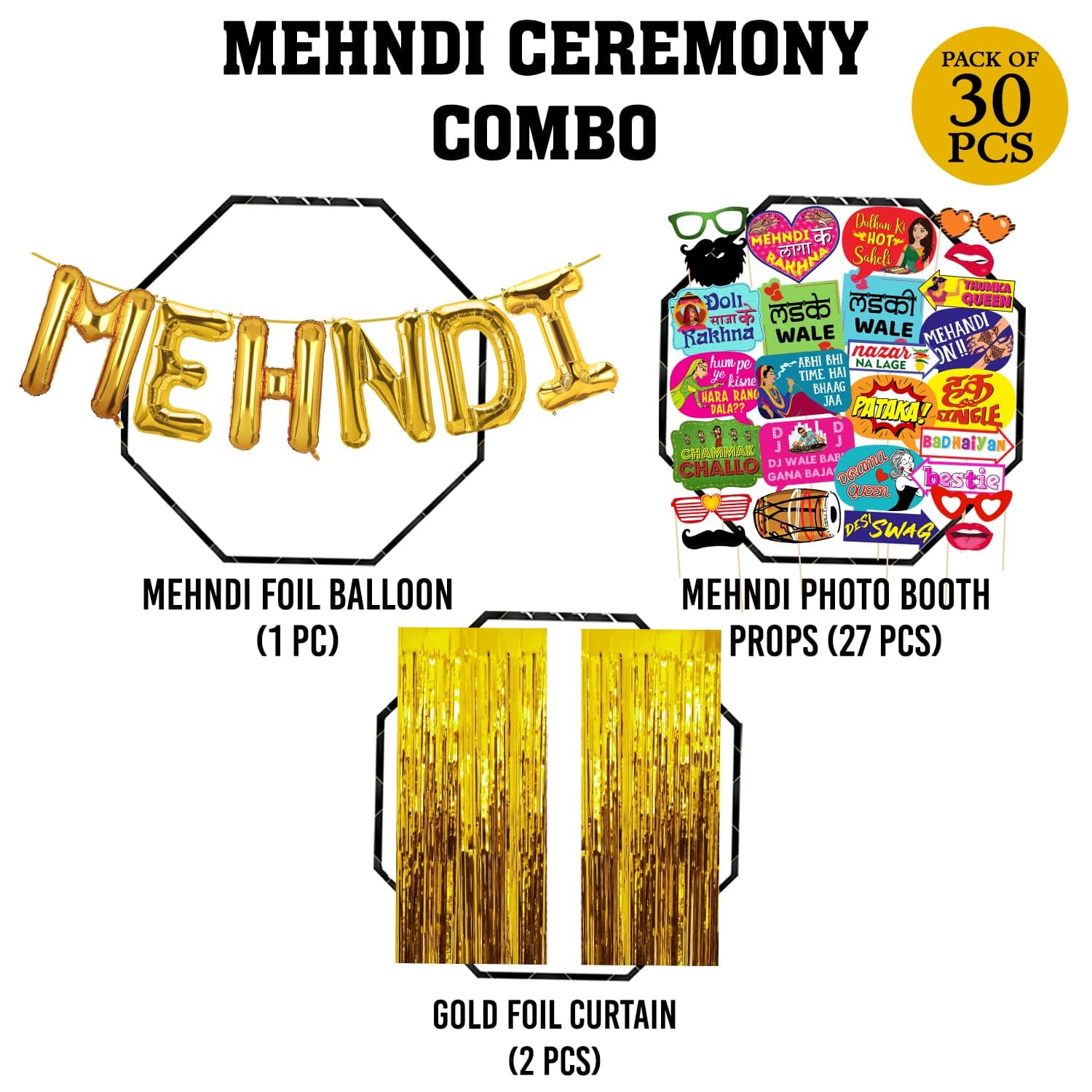 30 Pcs Combo Mehandi Props for Photoshoot ,Marriage Props for Wedding,Haldi Props for Bride and Family,Bride to Be Props (Mehndi Combo 3)