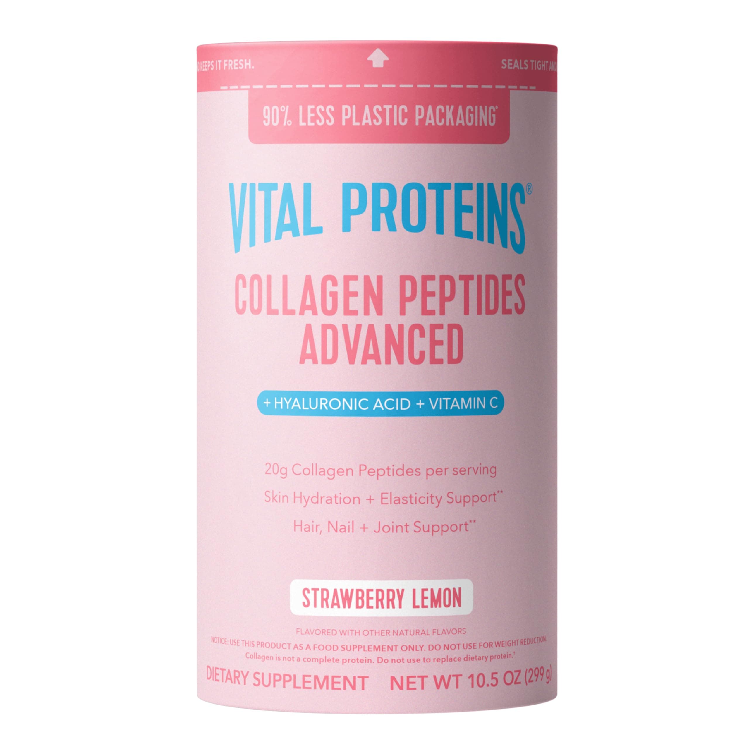 Collagen Peptides Advanced, Hydrolyzed Peptides with Hyaluronic Acid and Vitamin C - Strawberry Lemon Flavor Powder, 10.5oz