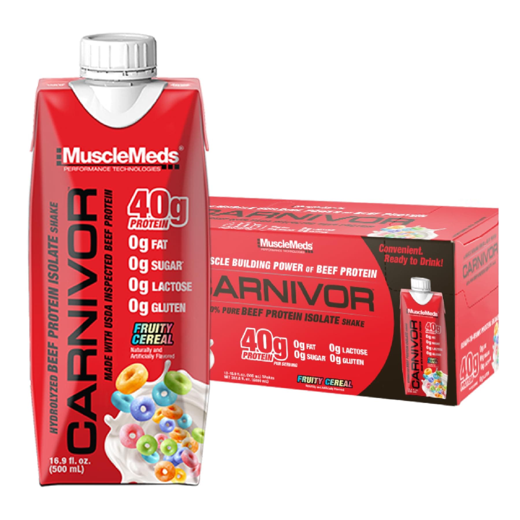 Carnivor RTD, Ready to Drink Protein, Lactose Free, Sugar Free, 40g Isolate Protein, Muscle Building, Recovery, 500 ml (Pack of 12) (Fruity Cereal) HALAL