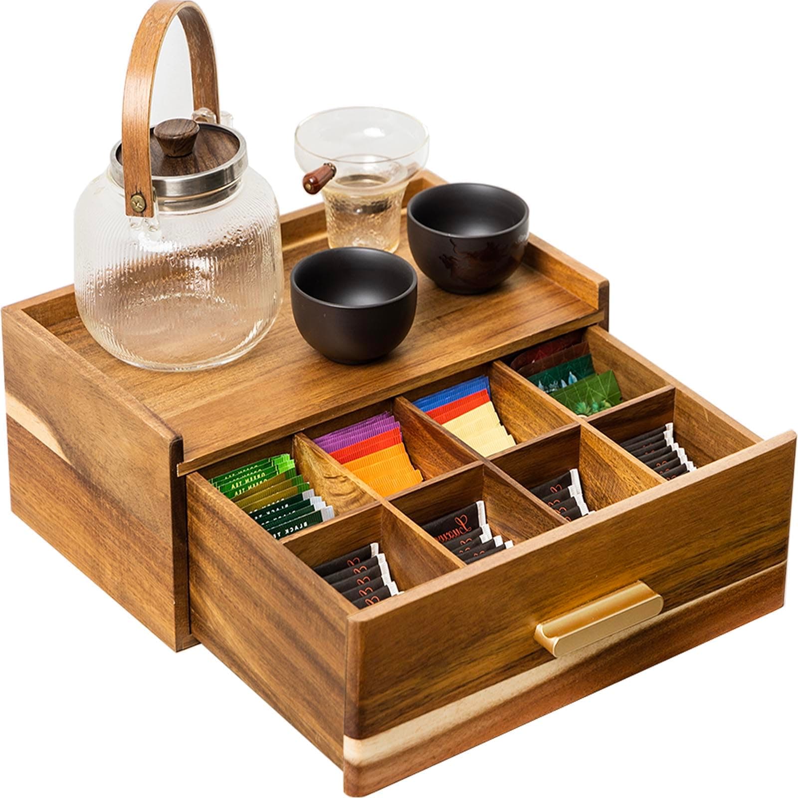 Acacia Wood Tea Bag Organizer, Tea Organizers and Storage Box, Tea Caddy for Tea Bags Storage Drawer, Teabag Holder Container Boxes for Countertop, Tea Station Chest Display Wooden, Organizador De Te