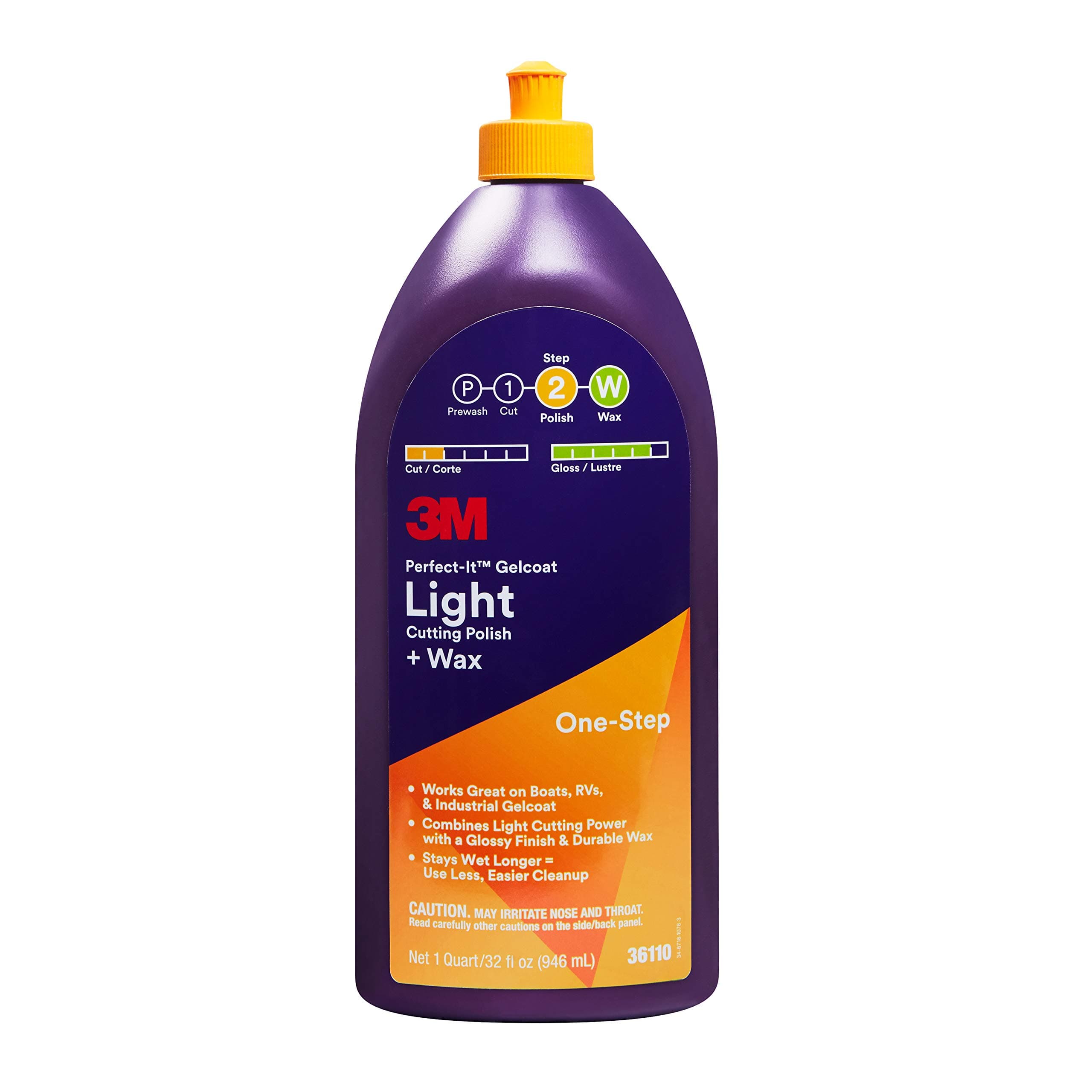 Perfect-It Gelcoat Light Cutting Polish + Wax, 36110, 1 Quart, One-Step Process, Removes Scratches and Swirls, Light Oxidation Remover for Boats and RVs