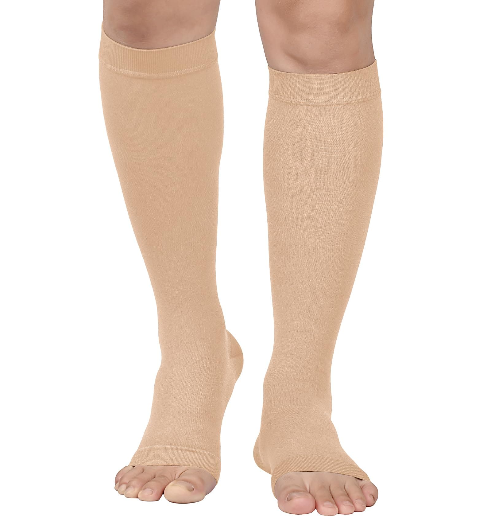 MGANG® 20-30 mmHg Compression Stocking for Men and Women, Medical Compression Socks, Knee High Length, Open Toe, for DVT, Varicose Veins, Relief Shin Splints, Edema, Beige Medium