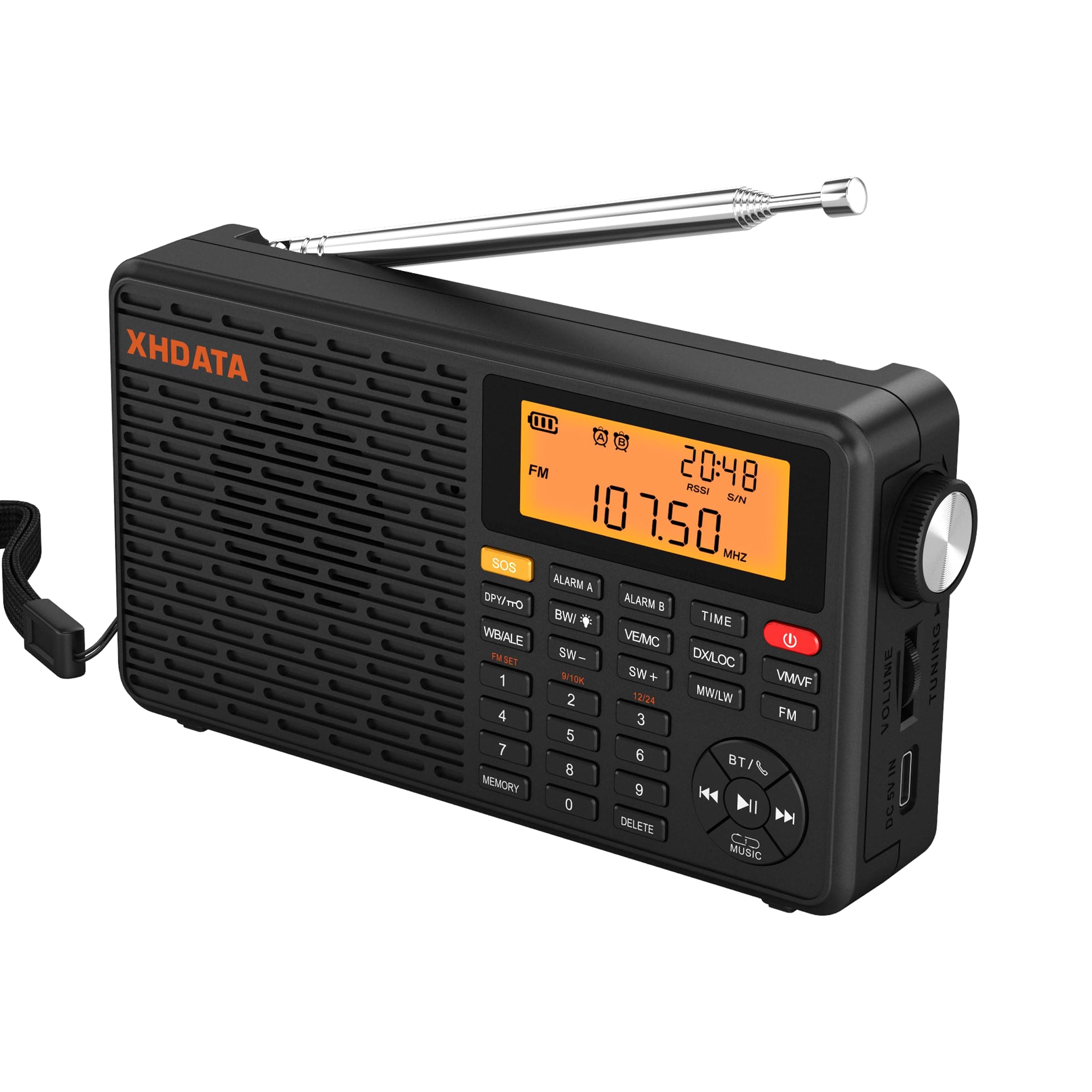 D109WB Portable Rechargeable Emergency Shortwave Radio Receivers with SOS Alarm FM/AM/LW Radio Mains or Battery Powered Dual Alarms Clock Headphones Output TF/Bluetooth MP3 Player