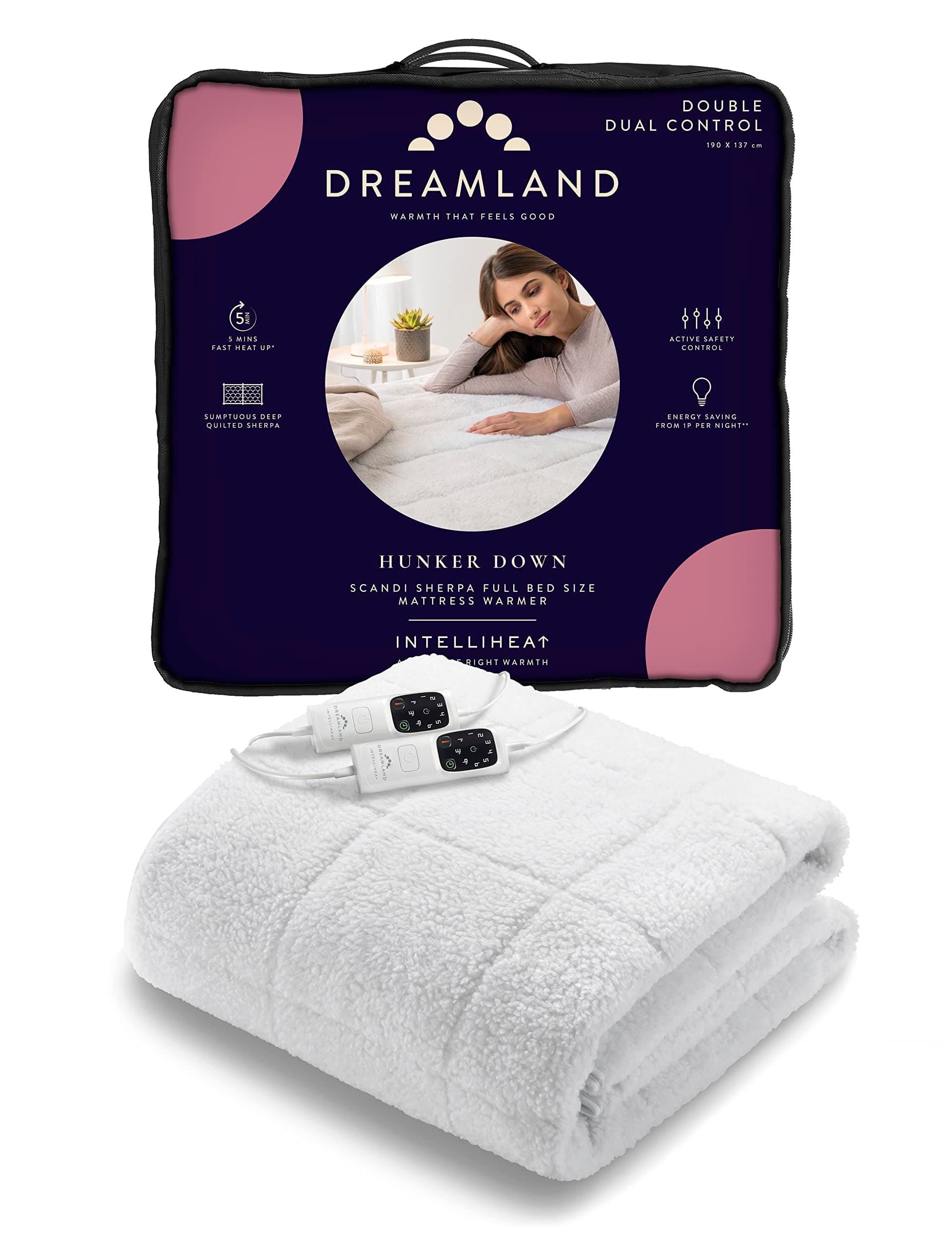 Dreamland Hunker Down Electric Blanket, Double Size, Scandi Sherpa, Two Controllers, Fast Heat Up, Premium Heated Fitted Underblanket, 6 Heat Settings, Machine Washable, Timer, 190 x 137 cm