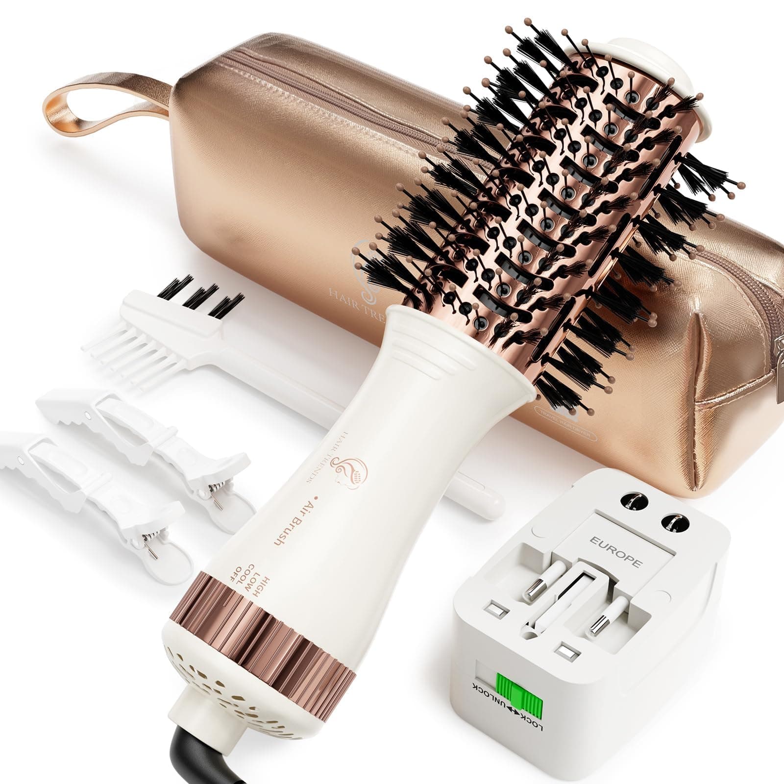 Travel Blow Dryer Brush in one, Dual Voltage 110V-240V Mini Hot Air Brush, Hair Trends Nano Titanium 2 Inch One Step Hair Dryer and Styler Volumizer Oval Shape