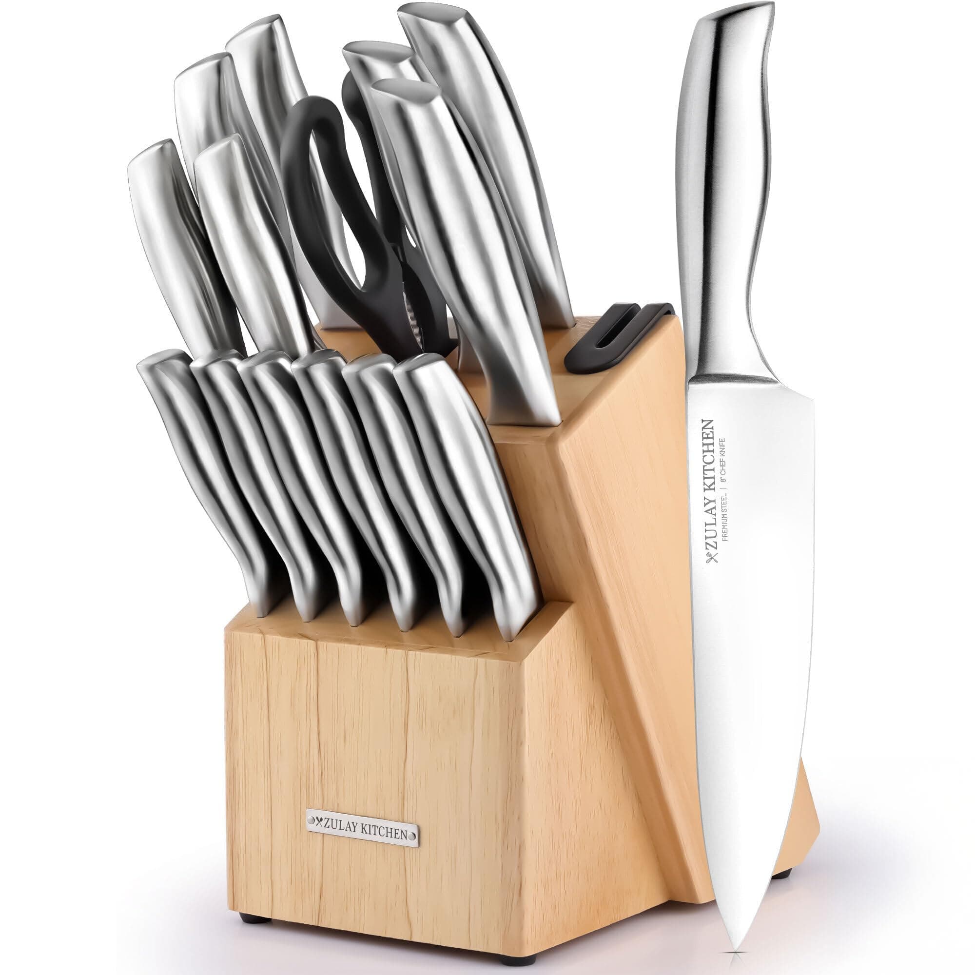 Zulay 15-Piece Stainless Steel Kitchen Knife Set with Built-in Sharpener – Ultra Sharp, Rust-Resistant Knives in Natural Wood Block