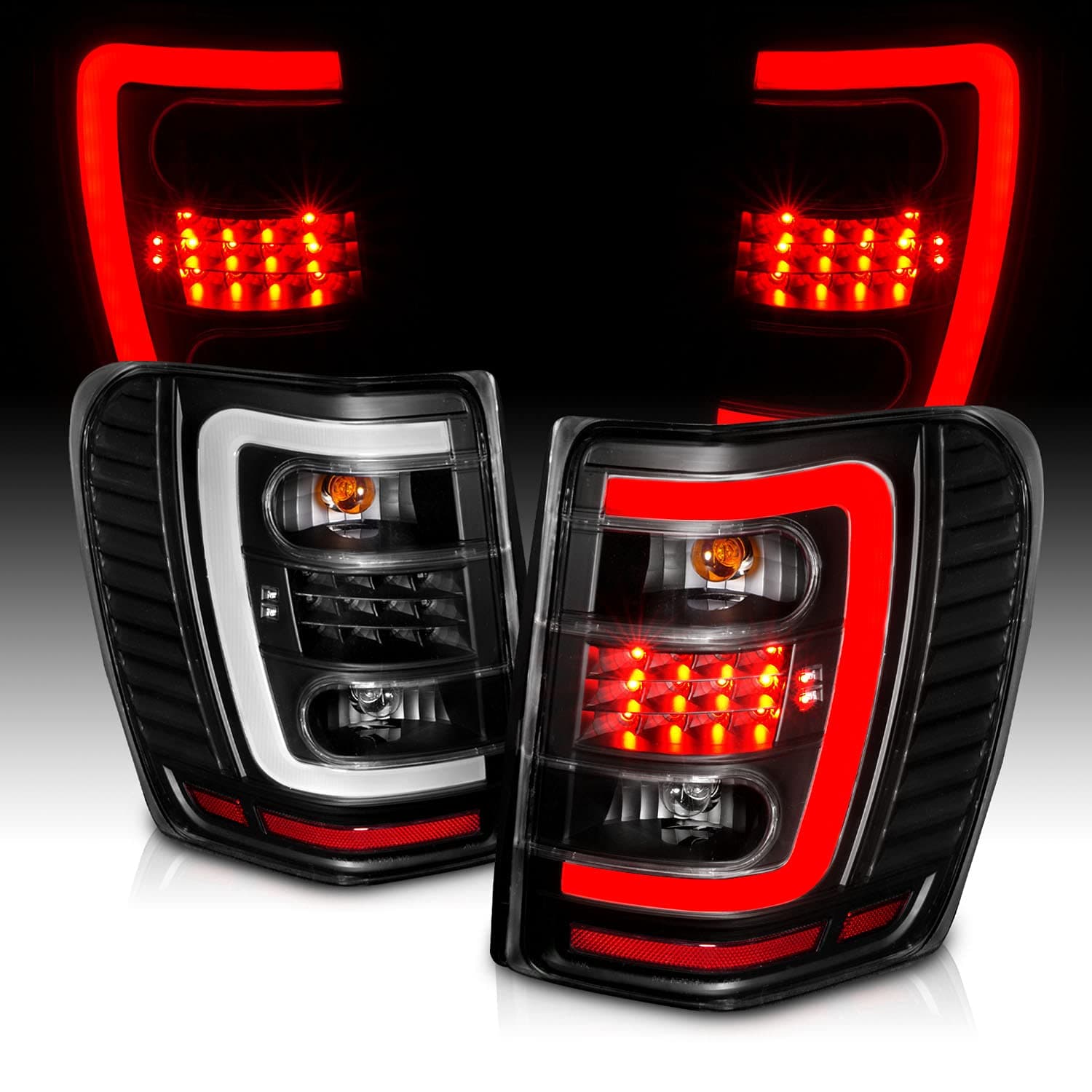AmeriLite for 1999-2004 Jeep Grand Cherokee C-Type LED Tube Black Tail Lights Assembly Set- Passenger and Driver Side