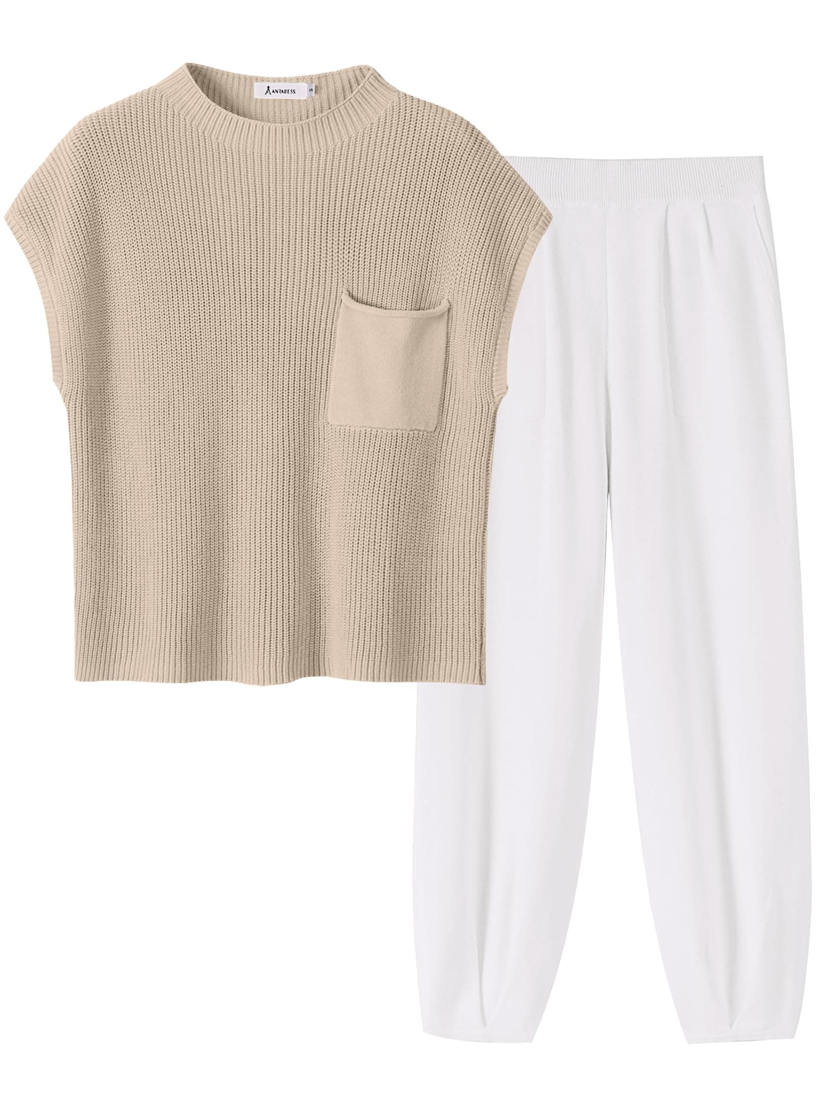 ANRABESS Women's Two Piece Outfits Knit Sweater Vest Crop Top Pants Lounge Matching Tracksuit Sweatsuit Travel Clothes Sets