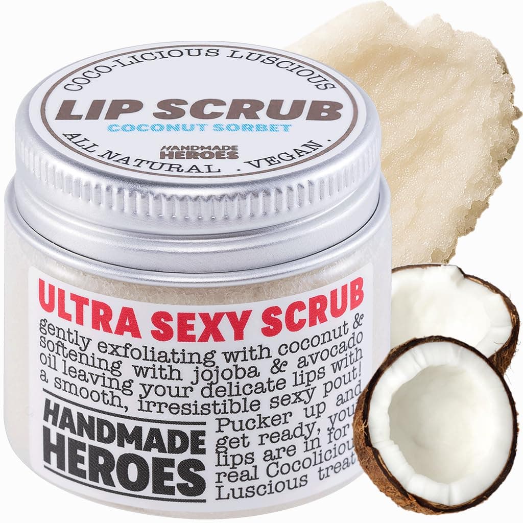 Handmade Heroes 100% Natural Lip Scrub, Vegan Conditioning Coconut Exfoliator - Gentle Exfoliant, Sugar Polish and Scrubber for Chapped Dry Lips, 1oz (Coconut Sorbet)