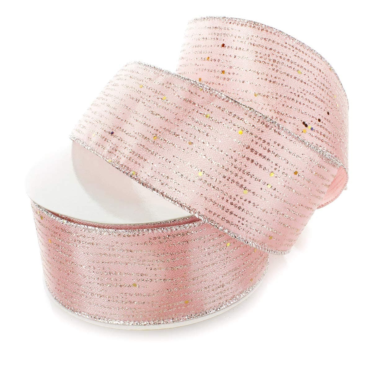 Ribbon Traditions Horizontal Glitter/Sequin Stripes Solid Wired Ribbon 2 1/2 Inch by 10 Yards - Rose Gold/Silver