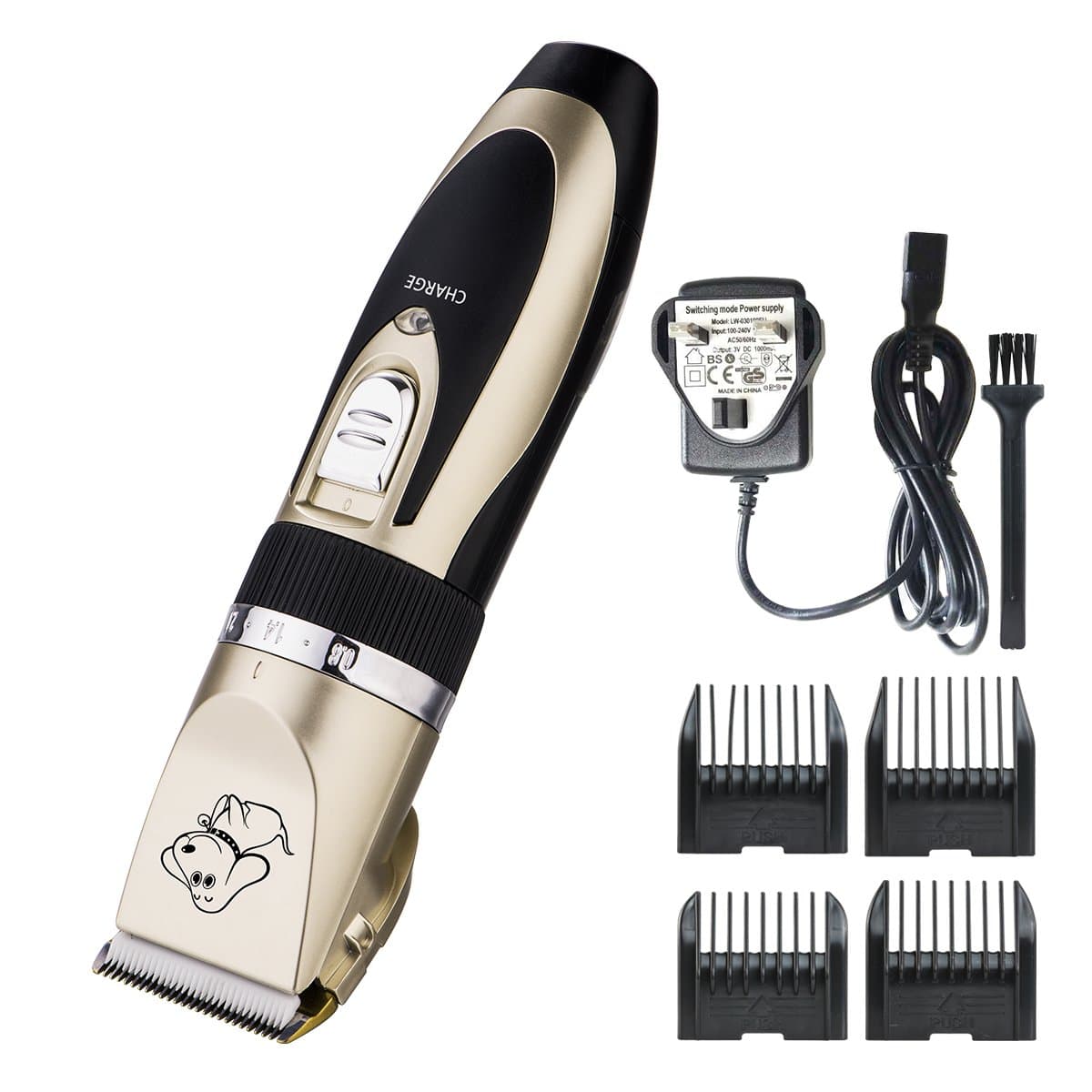 HANHAOPEAK Pet Grooming Clippers, Professional Low noise Rechargeable Cordless Electric Hair Trimming Clippers Set with Comb Guides for Dogs Cats and House Animals (Gold)