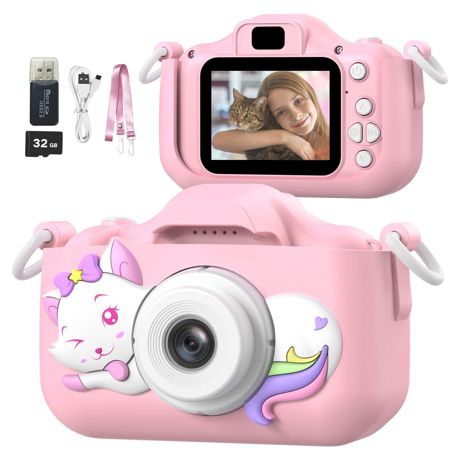 Mgaolo Kids Camera Toys for 3-12 Years Old Boys Girls Children,Portable Child Digital Video Camera with Silicone Cover, Christmas Birthday Gifts for Toddler Age 3 4 5 6 7 8 9 (Cat Pink)
