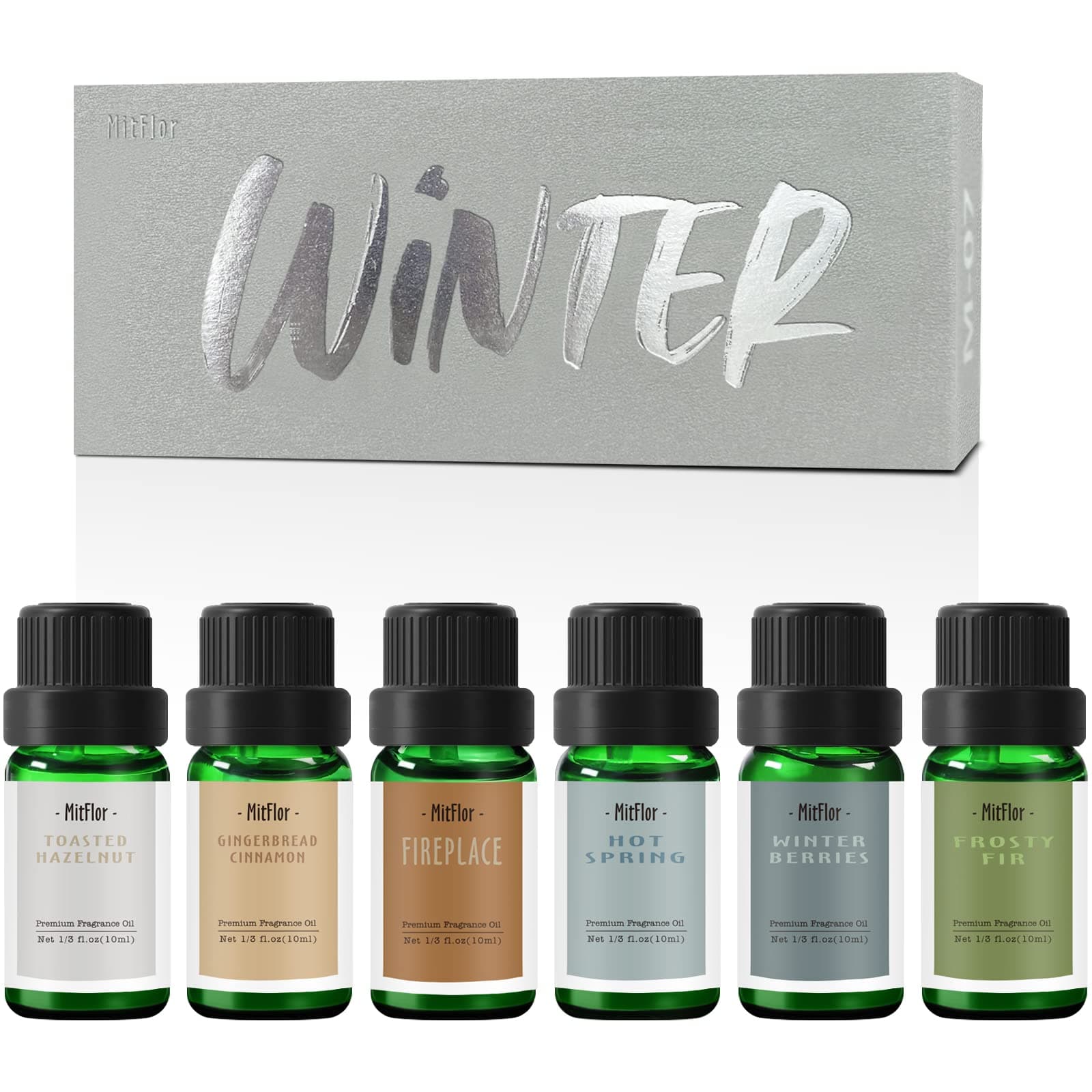 MitFlor Fragrance Oils, Winter Essential Oils for Home Diffusers, Soap & Candle Making Scents, Premium Holiday Aromatherapy Gift Set, 6 x10ml-Winter Berries, Gingerbread Cinnamon, Fireplace & More