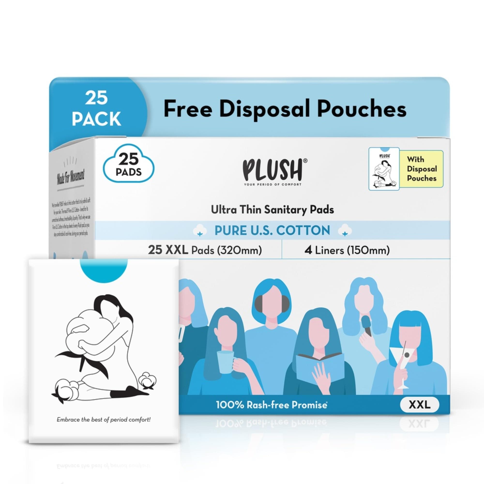 Plush Ultra-Thin Sanitary Napkins for Women, 25 Pcs | Super Absorbent Heavy Flow XXL Pads + 4 Panty Liners | 100% Rash-Free | Pure U.S. Cotton XXL Sanitary Pads with Free Disposable Pouches | No Fragrance | No Toxic-Chemicals