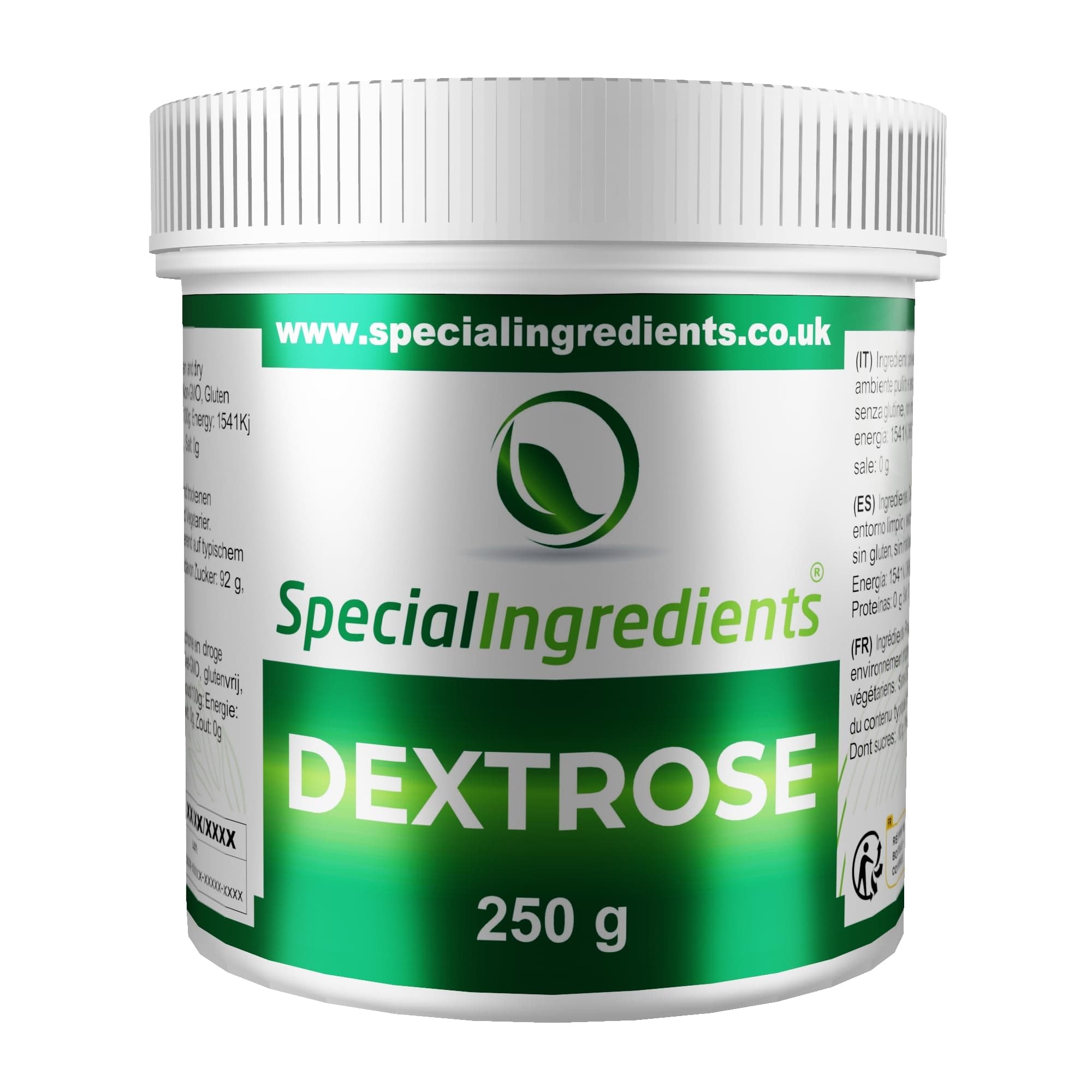 Special Ingredients Dextrose Powder 250g Premium Quality Powder Suitable for Vegans & Vegetarians. Non-GMO, Gluten Free, Non-Irradiated – Recyclable Plastic Container