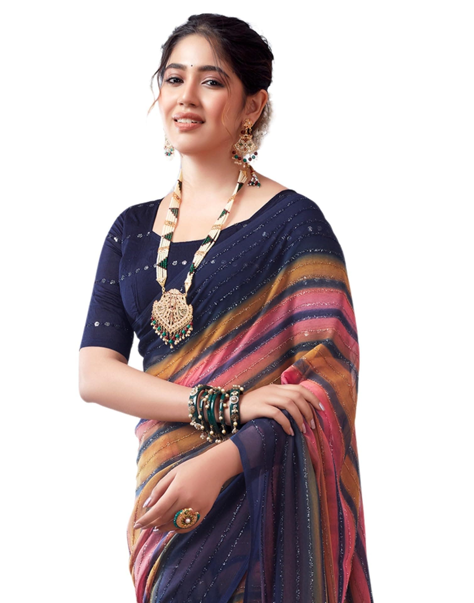 Women's Georgette Printed Zari Stripe Saree With Unstitched Blouse Piece