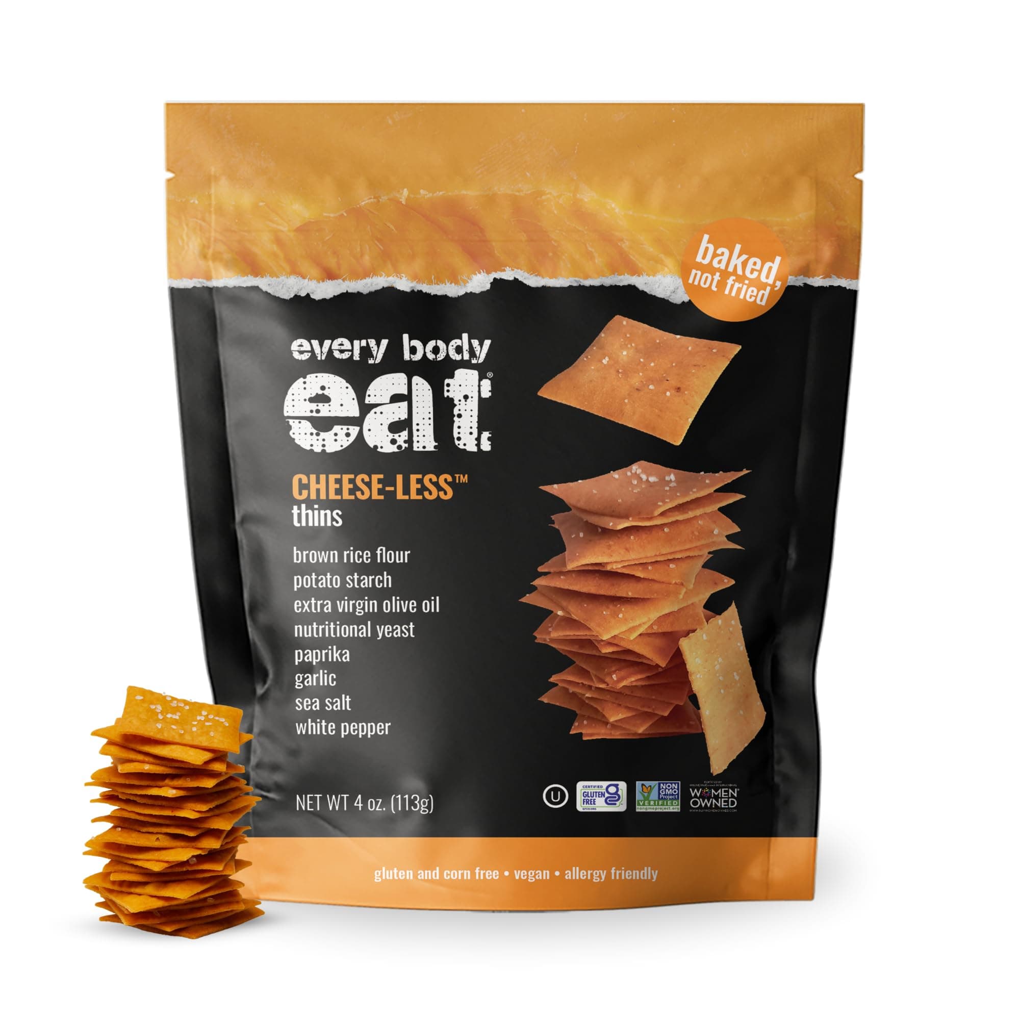 Every Body Eat Snack Cracker Thins, Gluten Free, Dairy Free, Vegan, and Seed Oil Free (6 Count, Cheese-Less)