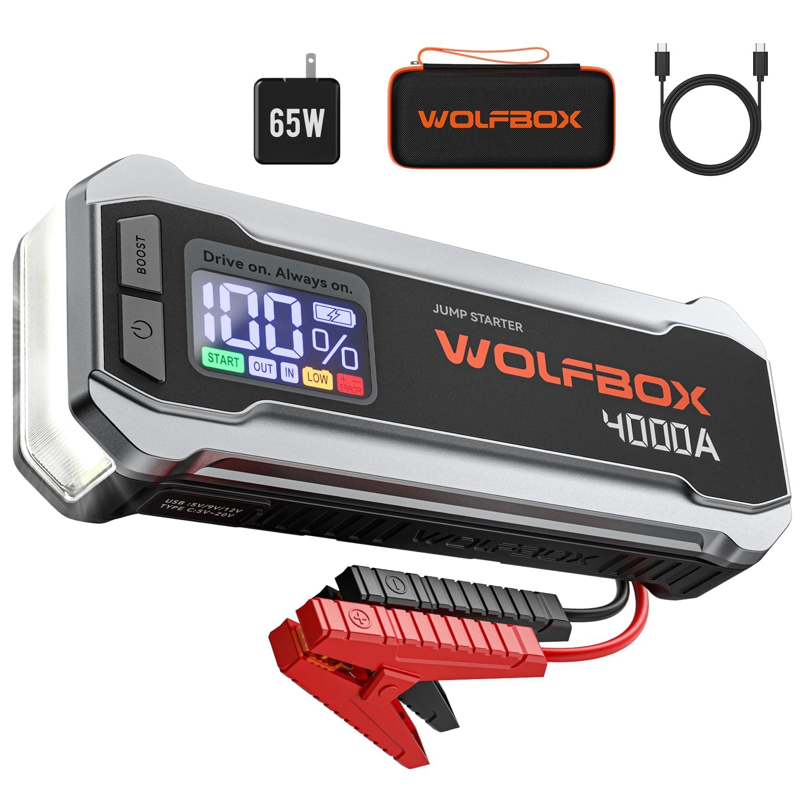 WOLFBOX 4000A Jump Starter Power Pack, 12V Car Battery Booster Jump Starter with 65W Quick Charger, 88.8Wh Battery Booster Pack (10L Gas 10L Diesel Engine) with LED Light, Booster, Jump Leads