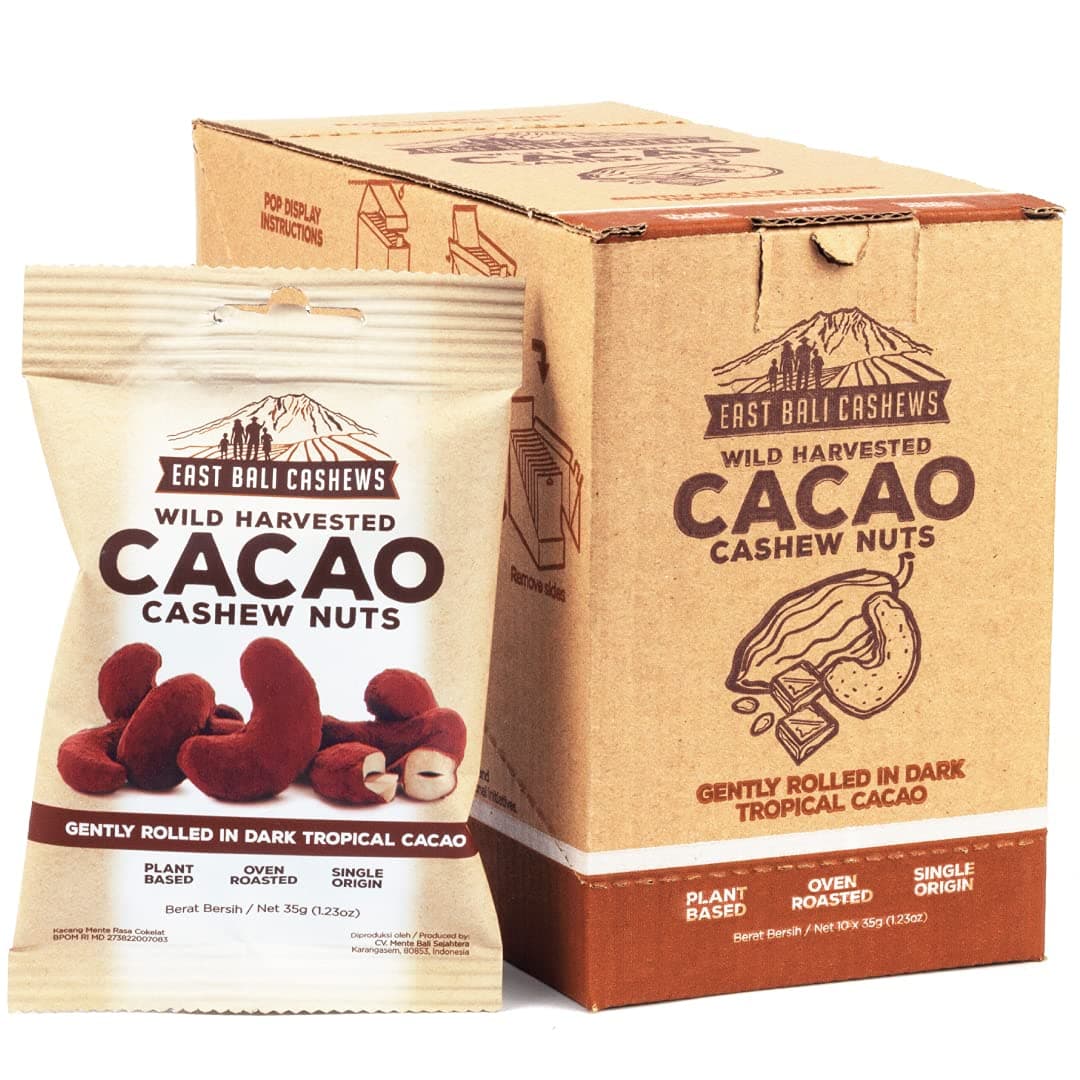 East Bali Cashews - Cacao Coated Cashews - Rich Dark Chocolate Flavor - Nut Snack Pack - Protein Packed, Gluten Free, Non-GMO, Vegan Friendly - 10 Count - 1.23oz