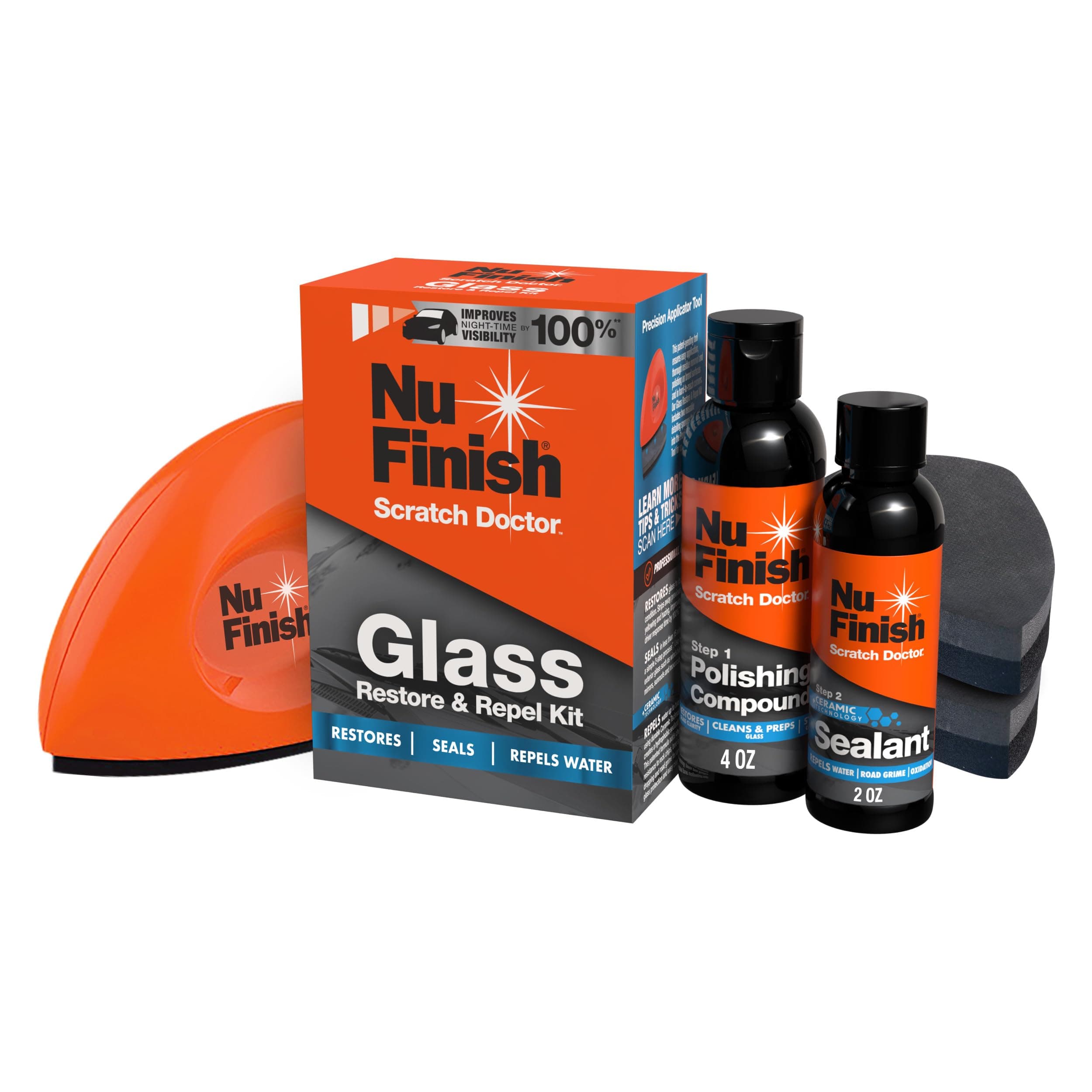 Nu Finish Glass Restore & Repel Kit, Two Step Regimen for Car Windshield, Includes Polishing Compound, Ceramic Sealant, Precision Applicator Tool, and 2 Reusable Sponges
