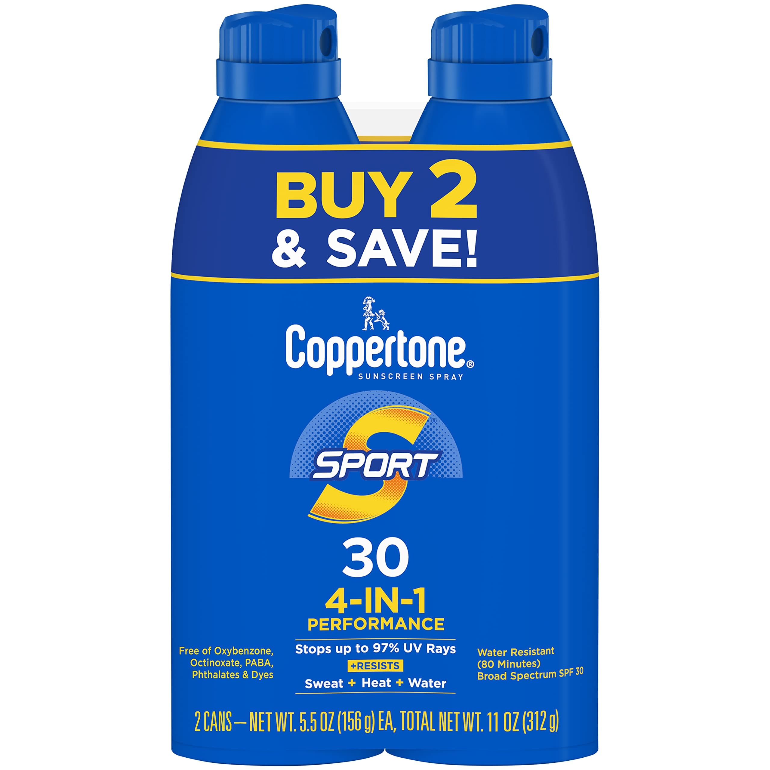 Coppertone Sports Continuous Sunscreen Wide Spectrum SPF Spray 30 (5.5 oz Bottle, Twin Pack)