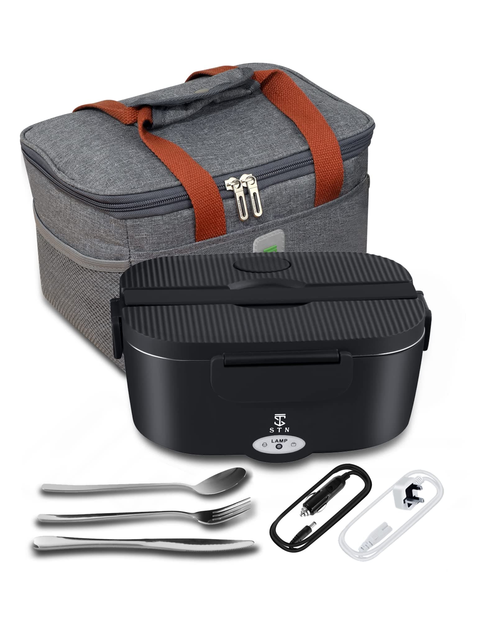 STN Electric Lunch Box 75W Heated Lunch Box with Insulated Bags and Big Cutlery Set for 12v 24v 220v