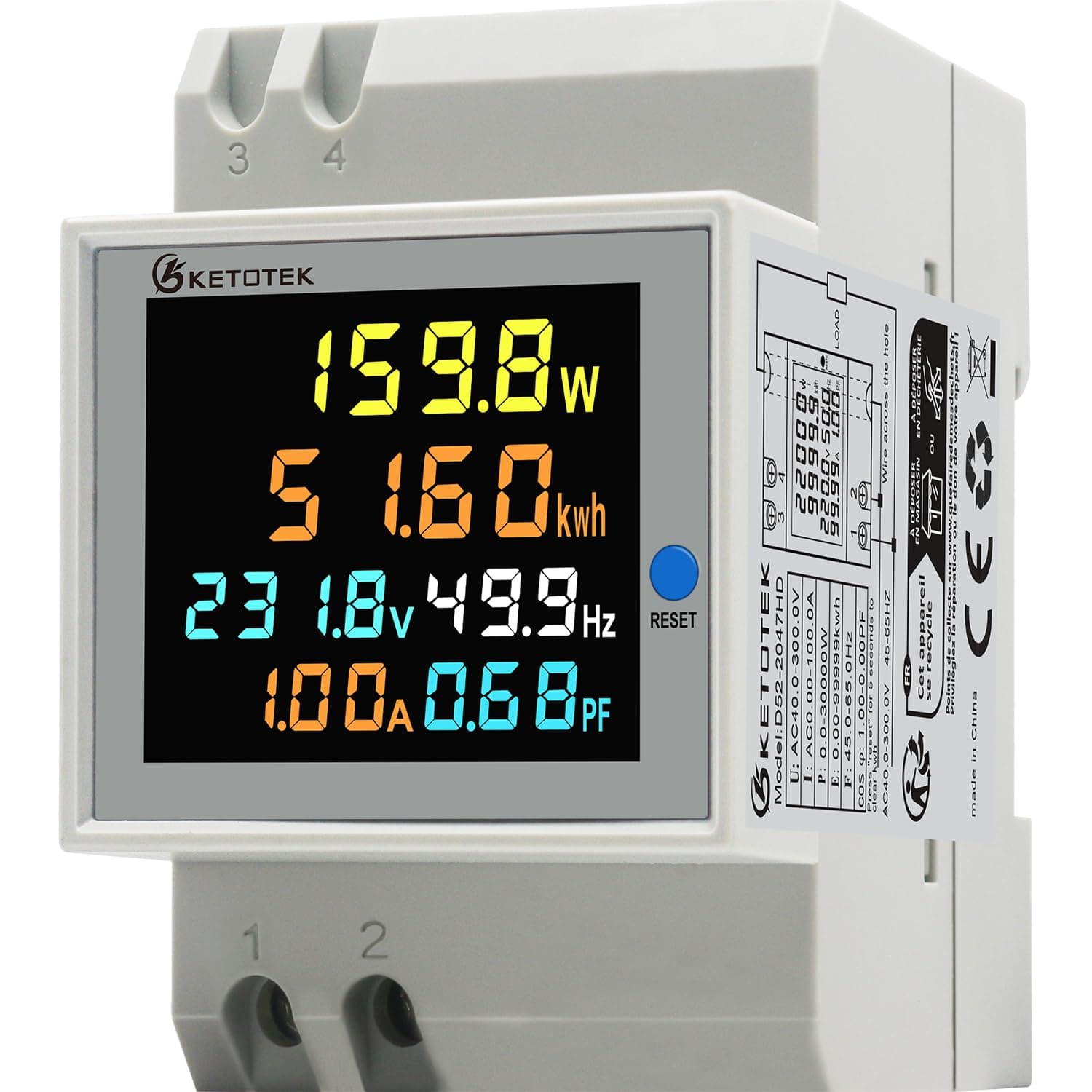 KETOTEK Single Phase Energy Meter Din Rail Electricity Usage Monitor AC 40-300V 100A Voltmeter Ammeter Watt Kwh Frequency Power Meter Built-in CT 110V