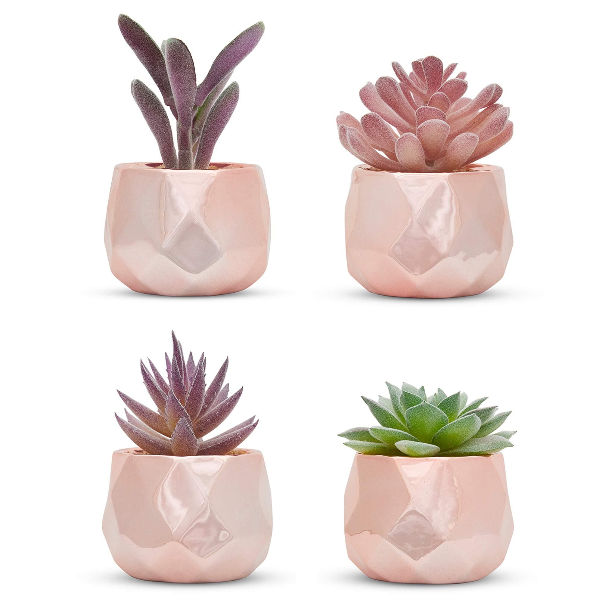 Nordik By Design Set of 4 Desk Plants in Rose Gold - Office Decor for Women, Indoor, Living Room, Bedroom, Home and Desk Decor – Pink Faux Succulents Geometric Ceramic Planters