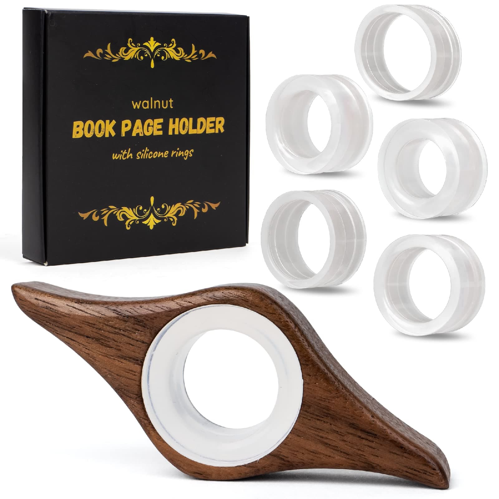 Book Page Holder with 5 Adjustable Rings, Handmade Natural Walnut Thumb Bookmark for Keep Book Open