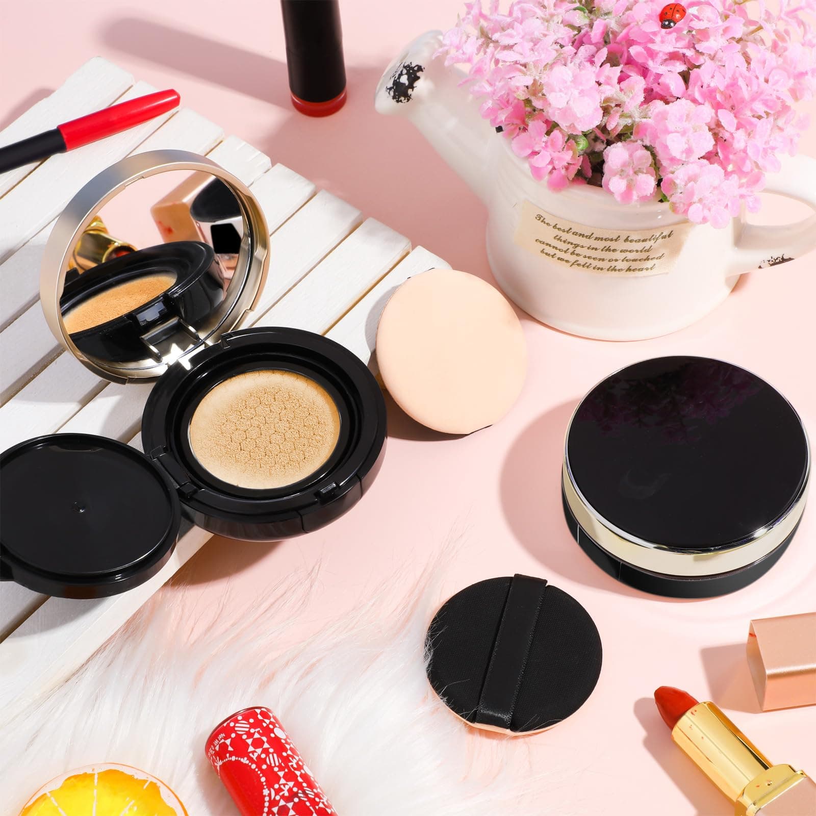 Zopeal 2 Pieces Empty Cushion Foundation Box Portable Cushion Puff Box Refillable Powder Puff Box Empty Powder Container with Sponge Powder Puff for Women Travel Vacation, Black, 0.5 oz