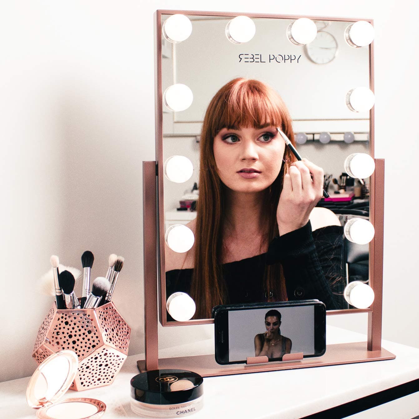 Vanity Mirror With Lights and Phone Mount - Hollywood Style Makeup Vanity Mirror with Lights 12x3W Dimmable LEDs with Touch Control, Phone Cradle | Tabletop Lighted Cosmetic Mirrors