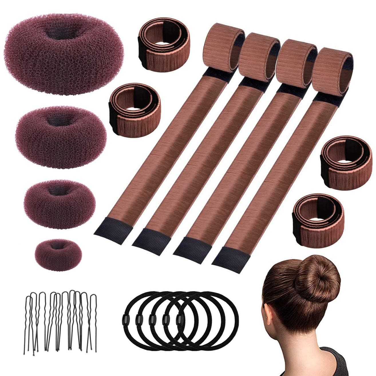 Hair Bun Maker, Scoolr Hair Donut Doughnut Maker Tool Set with 4 Pcs Donut Bun Maker, 4 Pcs Foam French Twist Hairstyle Clip DIY Doughnuts, 5 Pcs Hair Bands and 50 Bobby Pins