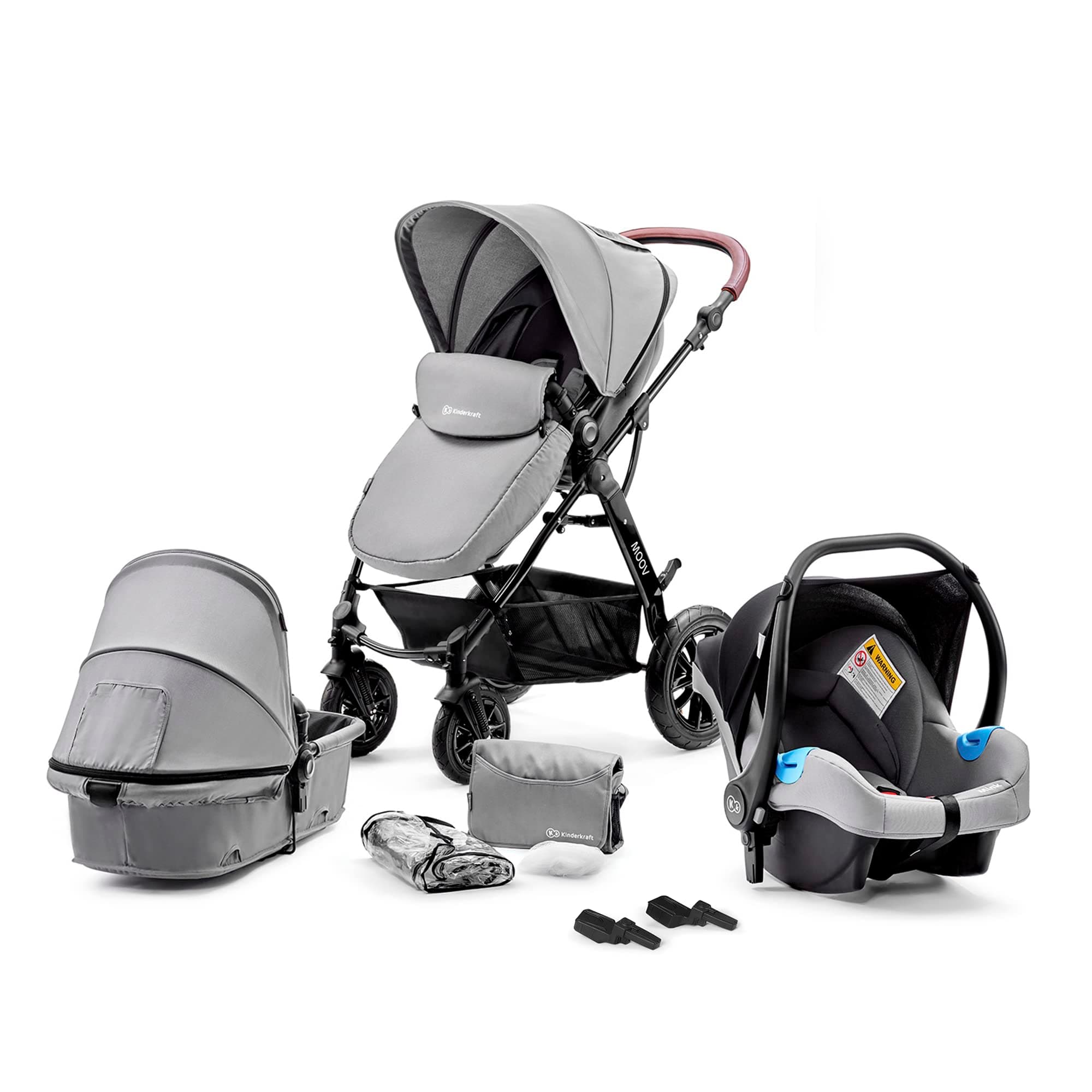 kk Kinderkraft Pram 3 in 1 Set MOOV, Travel System, Baby Pushchair, Rear and Front Facing, Foldable, with Infant Car Seat, Accessories, Rain Cover, Footmuff, Up to 3 Years, Gray