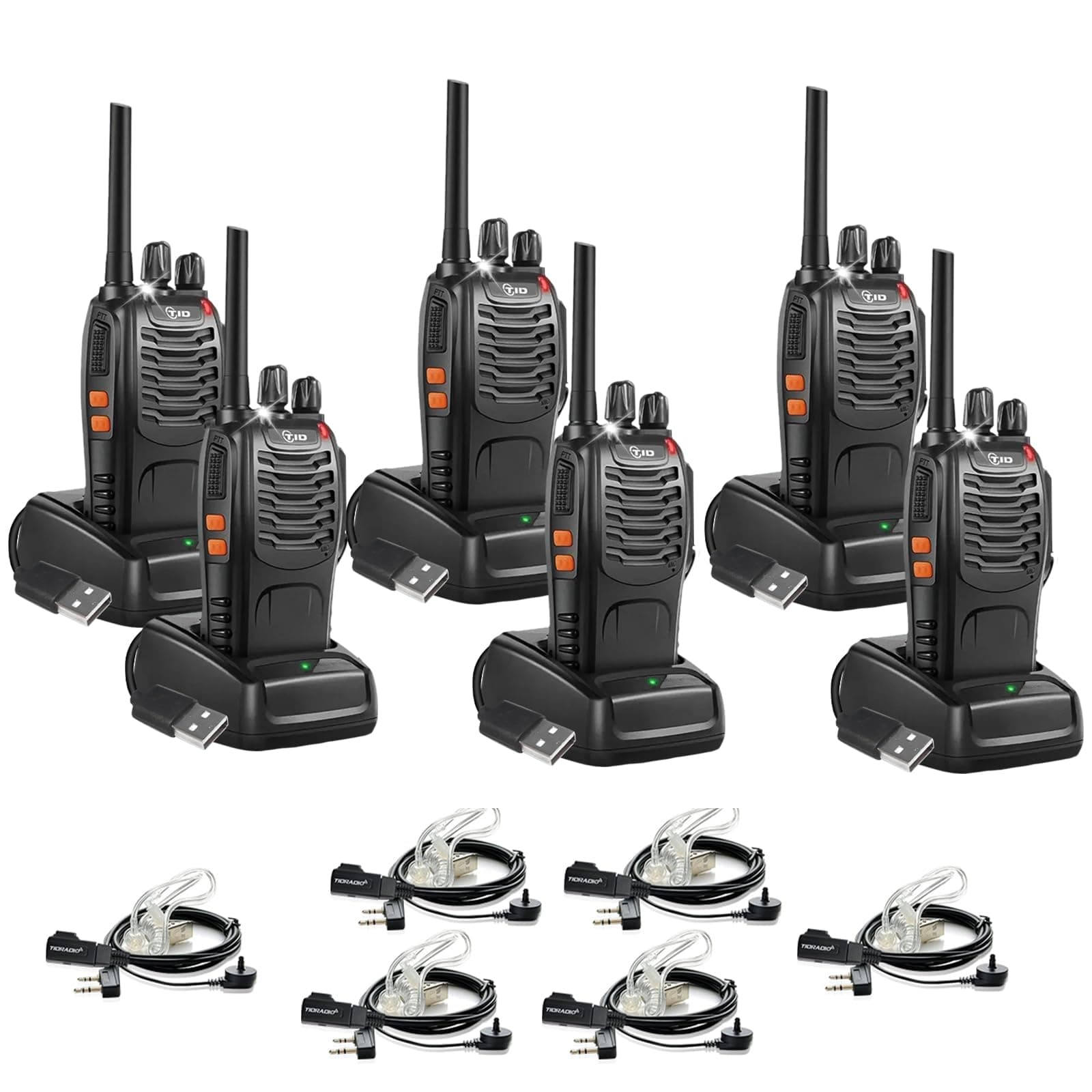 TIDRADIO TD-V2 Walkie Talkies for Adults Long Range, Frequency Copy, Rechargeable Two Way Radios with Secret Service Earpiece, 16CH Portable Durable Flashlight VOX Walky Talky(Black, 6 Pack)