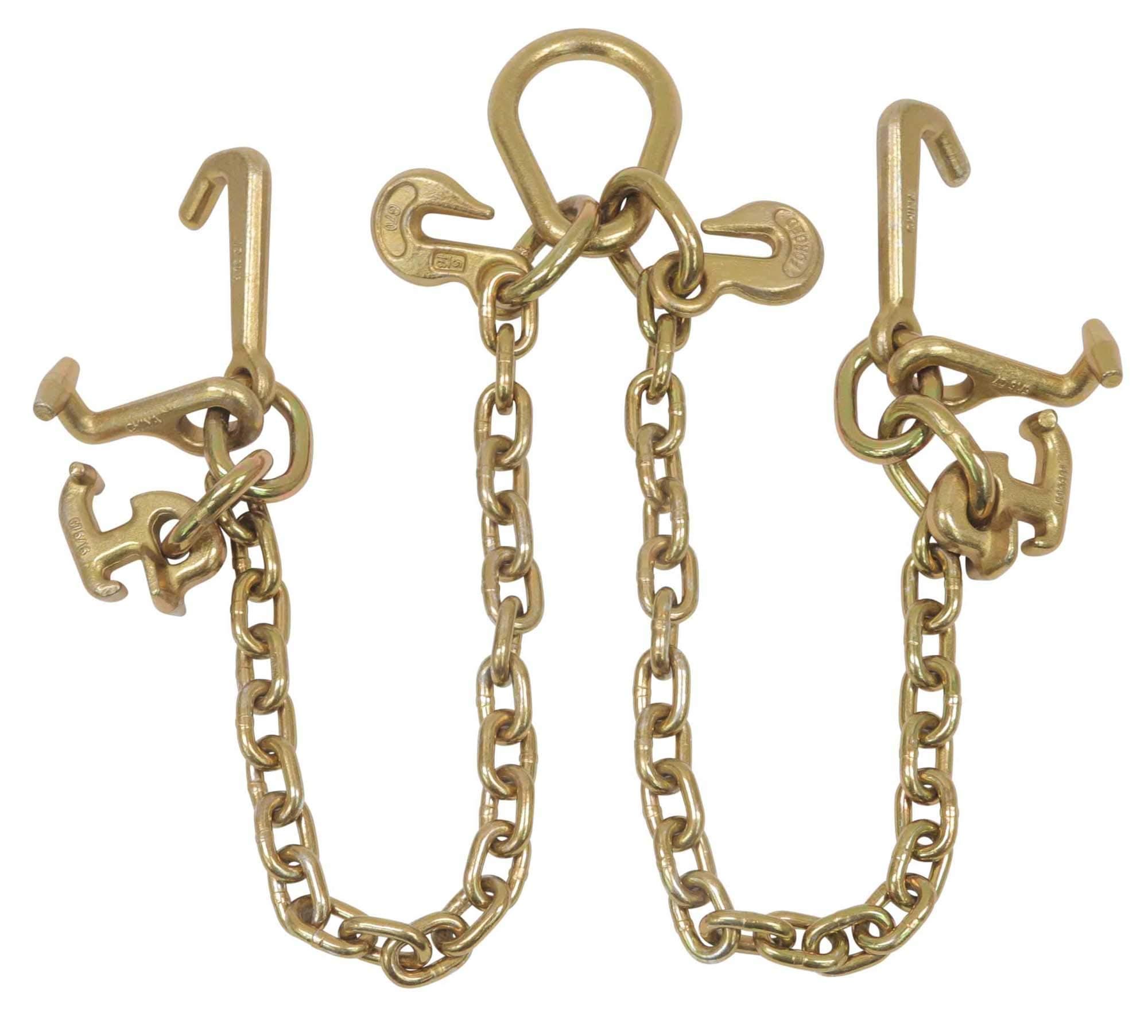 Mytee Products 5/16" Grade 70 V-Chain Bridle w/RTJ Cluster Hooks & Grab Hooks - 3' Legs Transport Tow Truck Chains for Car Towing - 4700 LBS WLL - for Flatbed Trailer Wrecker Recovery