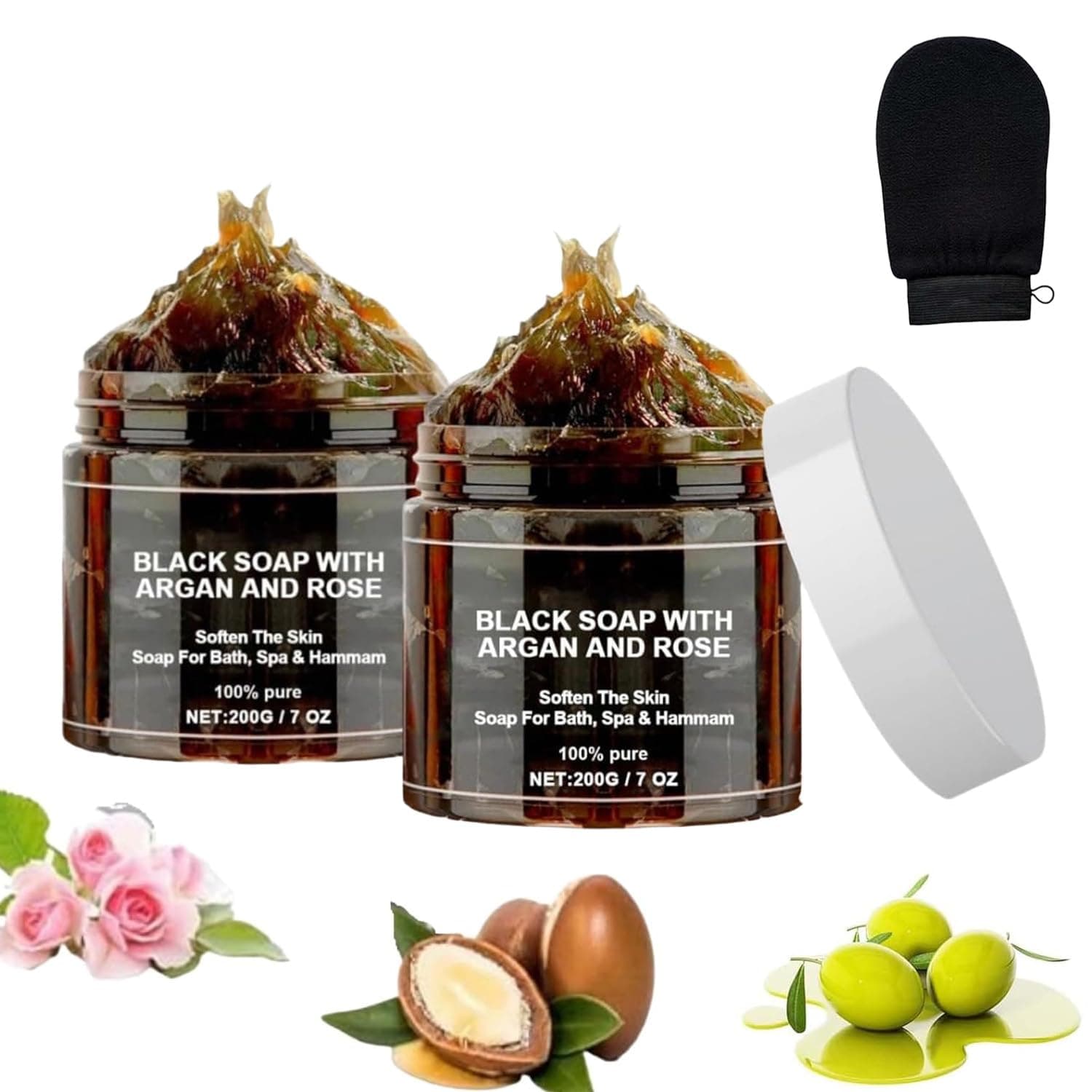 Morocco Black Soap With Argan And Rose, Zawina Morocco Black Beldi Soap, Zawina Moroccan Black Soap(200g/PCS, 2PCS)