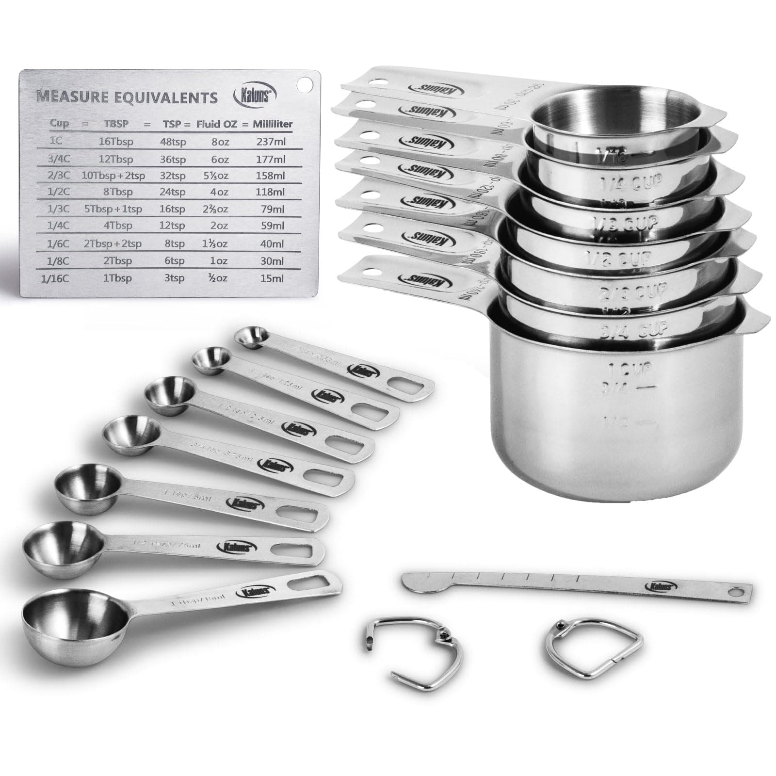 Kaluns Stainless Steel Measuring Cups, Measuring Spoons,16 Piece Measuring Cups and Spoons Set Includes Leveler and Measurements Card, Heavy-duty, Heat and Rust Resistant