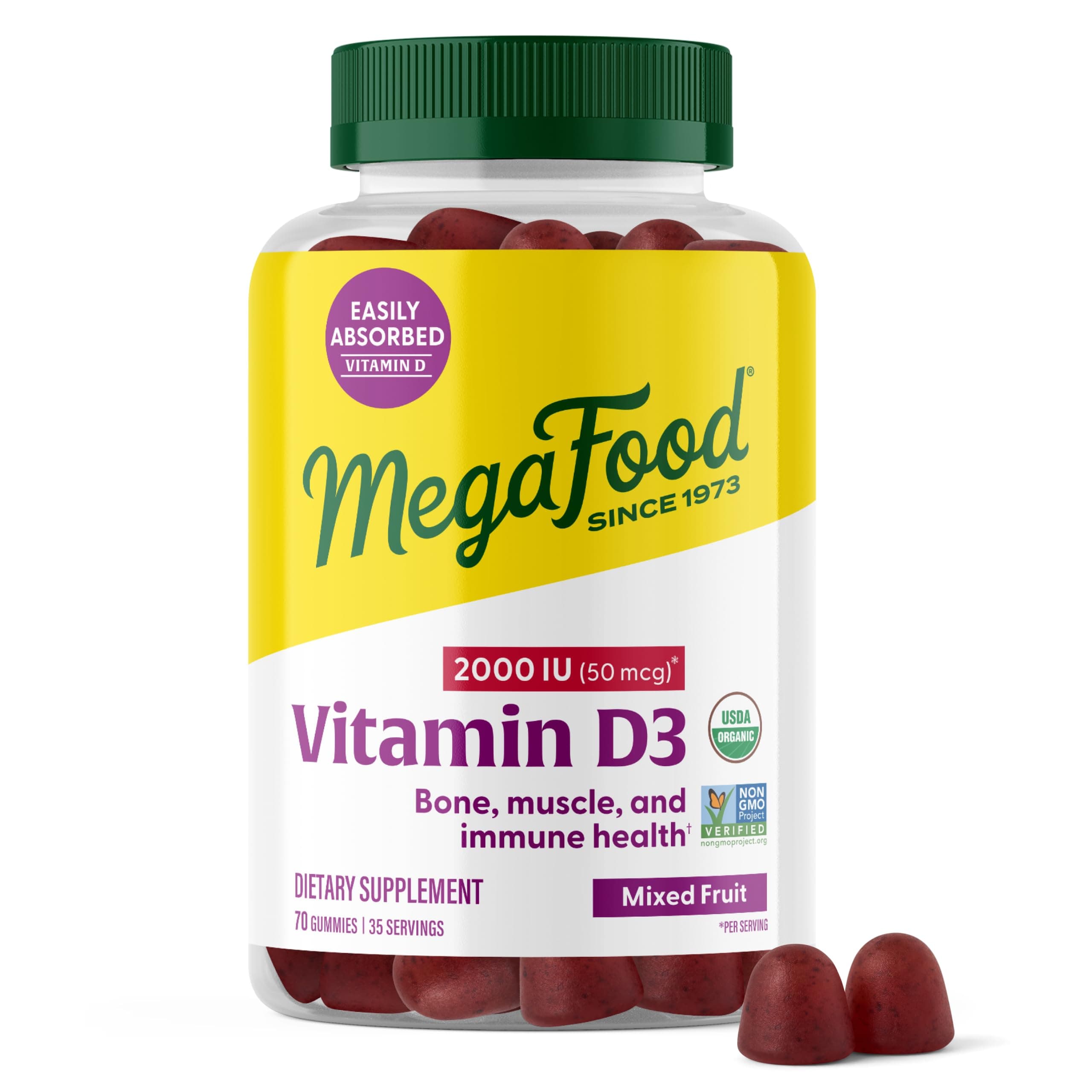 Vitamin D3 Gummies 2000 IU (50 mcg) - Vitamin D Gummies Mixed Fruit Flavor, Bone, Muscle & Immune Support Supplement, Vegetarian, Gluten-Free, USDA Organic – 70 Gummies, 35 Servings