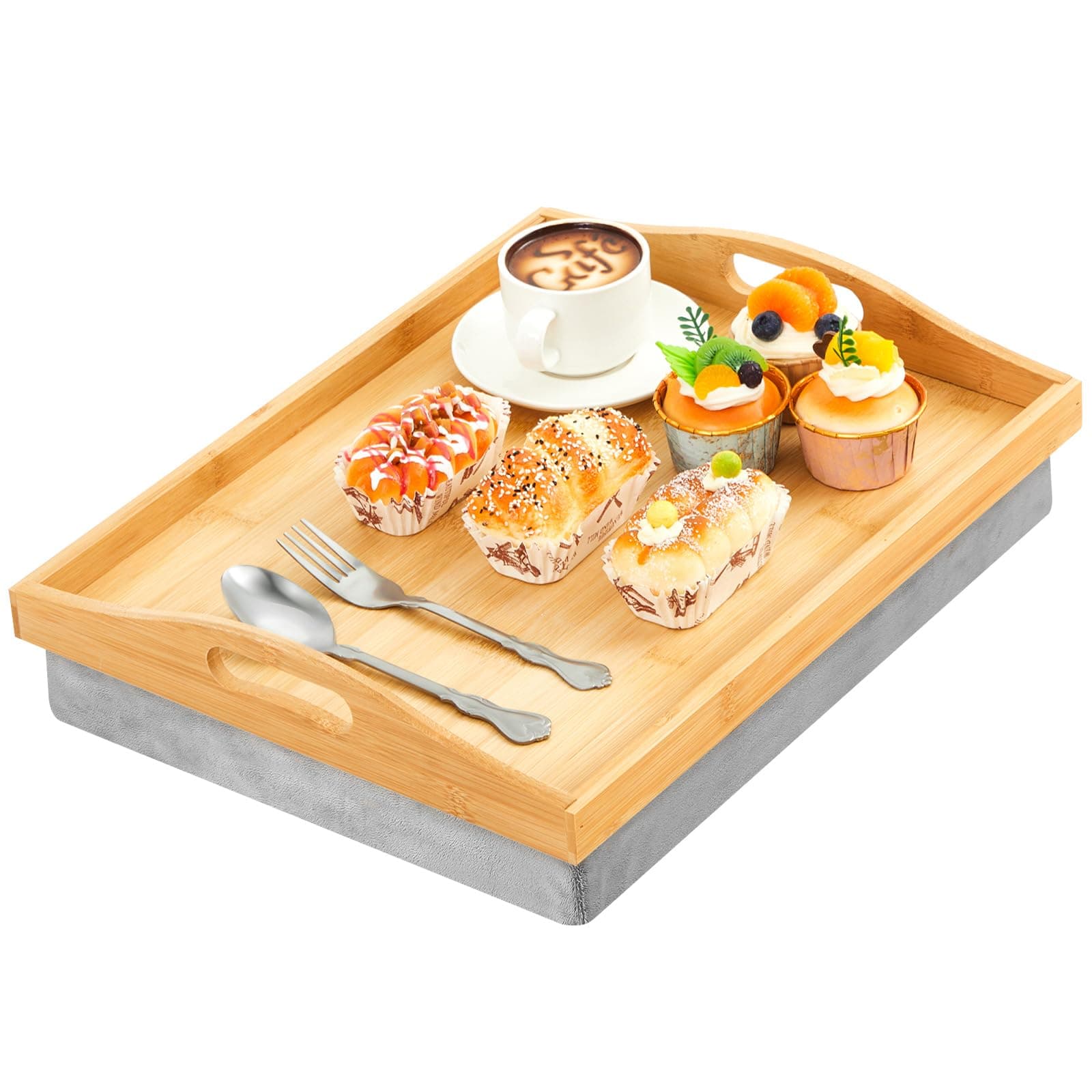 Tioncy 1 Piece Bamboo Lap Tray with Detachable Pillow 16.9'' x 13'' Lap TV Trays Desk with Handles for Adults Eating in Recliner Breakfast Housewarming Gift (Wood)