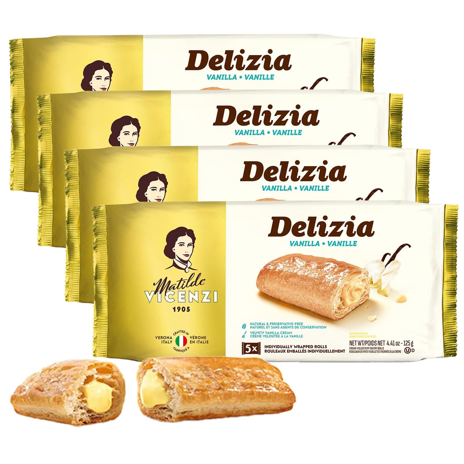Delizia Pasticceria Matilde Vicenzi Cream Filled Puff Pastry Patisserie Rolls, All Natural, Kosher Dairy Products, Made in Italy, 125 g, Pack of 4