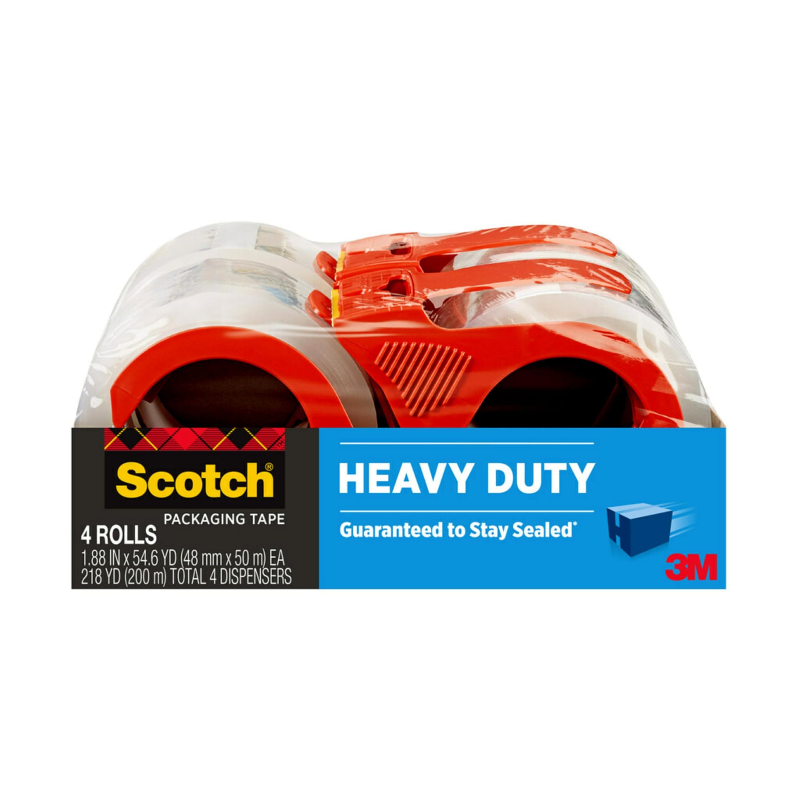 Scotch Packaging Tape 3850-4RD, 1.88 Inches x 54.6 Yards, with Reusable Dispensers, 4-Pack