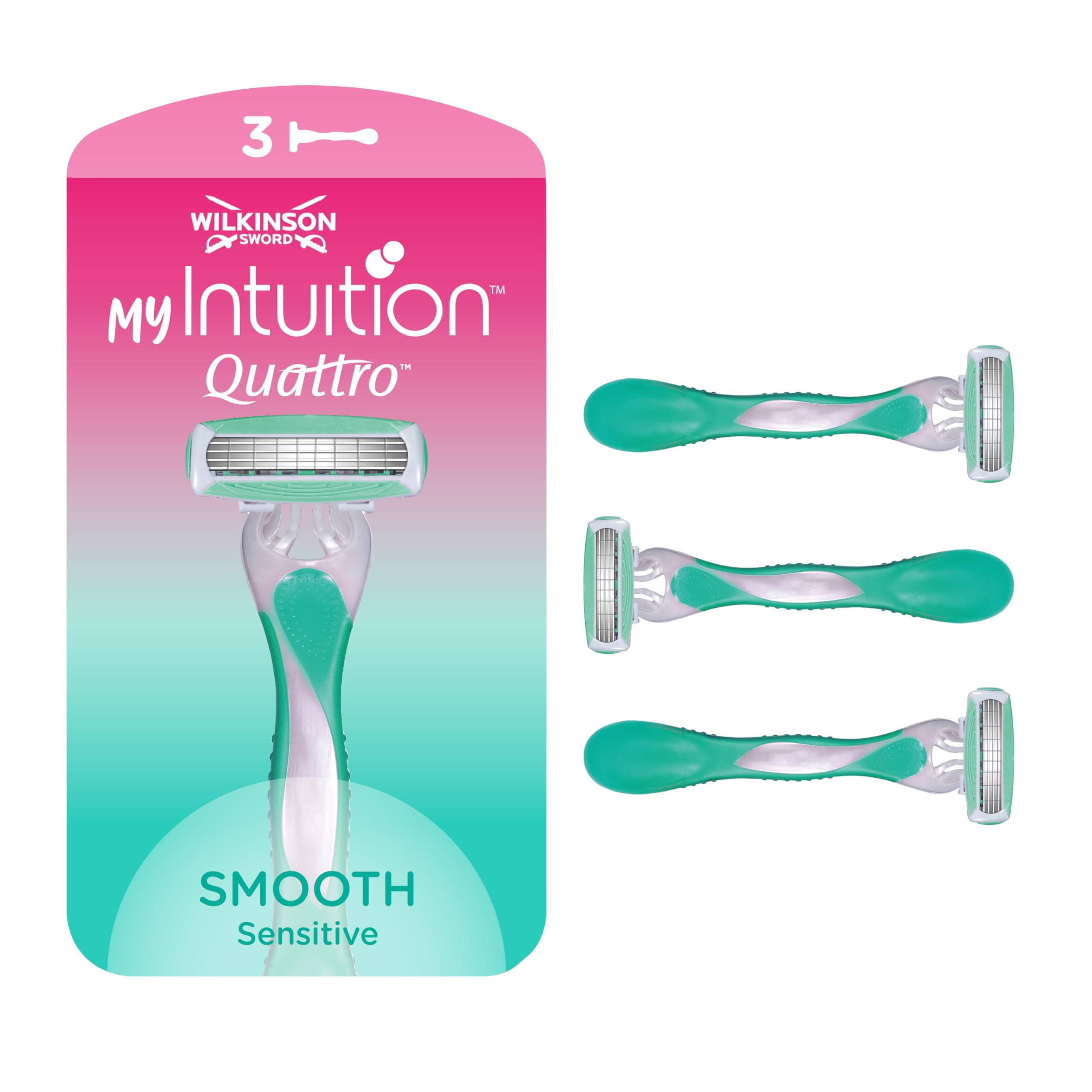 Wilkinson myIntuition Smooth Sensitive Quattro Women’s Disposable Razors, Hair Removal, Touch of Aloe Vera, Shavers for Routine Grooming, 3 Pack
