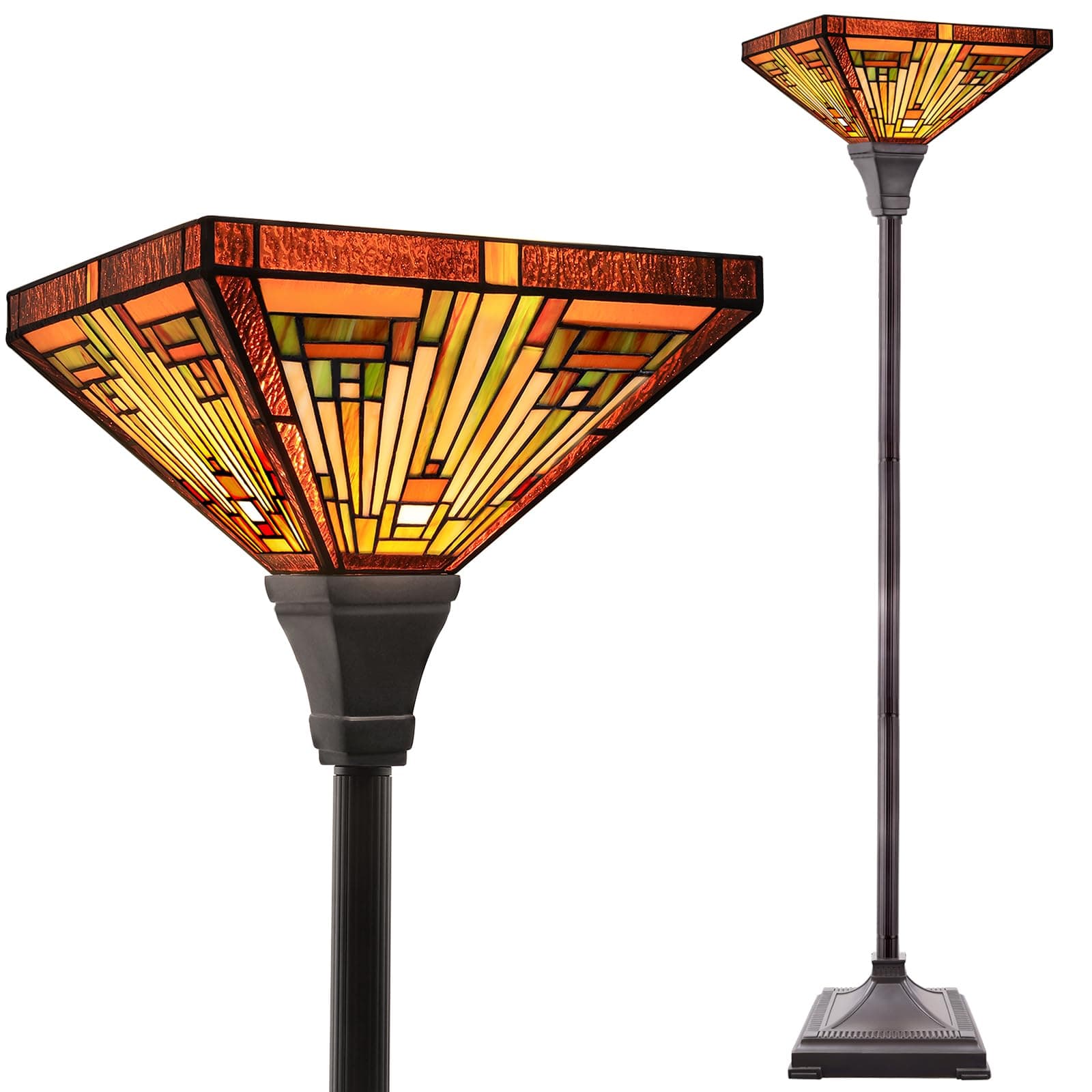 Tiffany Lamp Stained Glass Torchiere Floor Lamp,12x12x70 Inches Industrial Blackish Bronze Pole Amber Brown Antique Tiffany Style Torch Standing Lamp for Living Room Bedroom Home Office