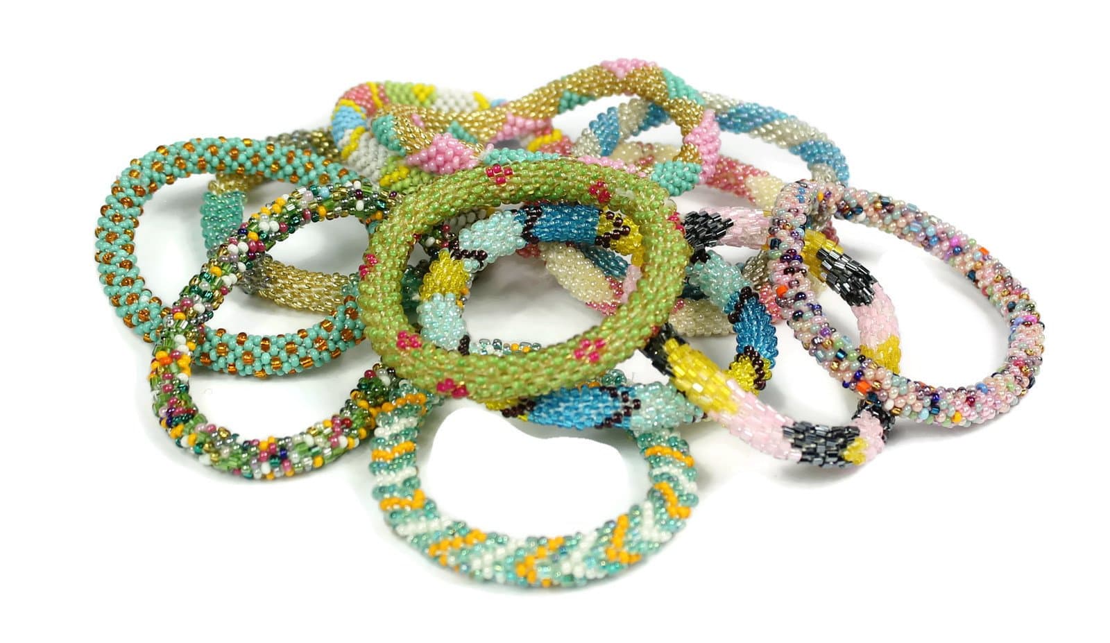 Glass Beaded Nepali Bracelet. 12 Pcs Set. Groovy Rainbow Colors