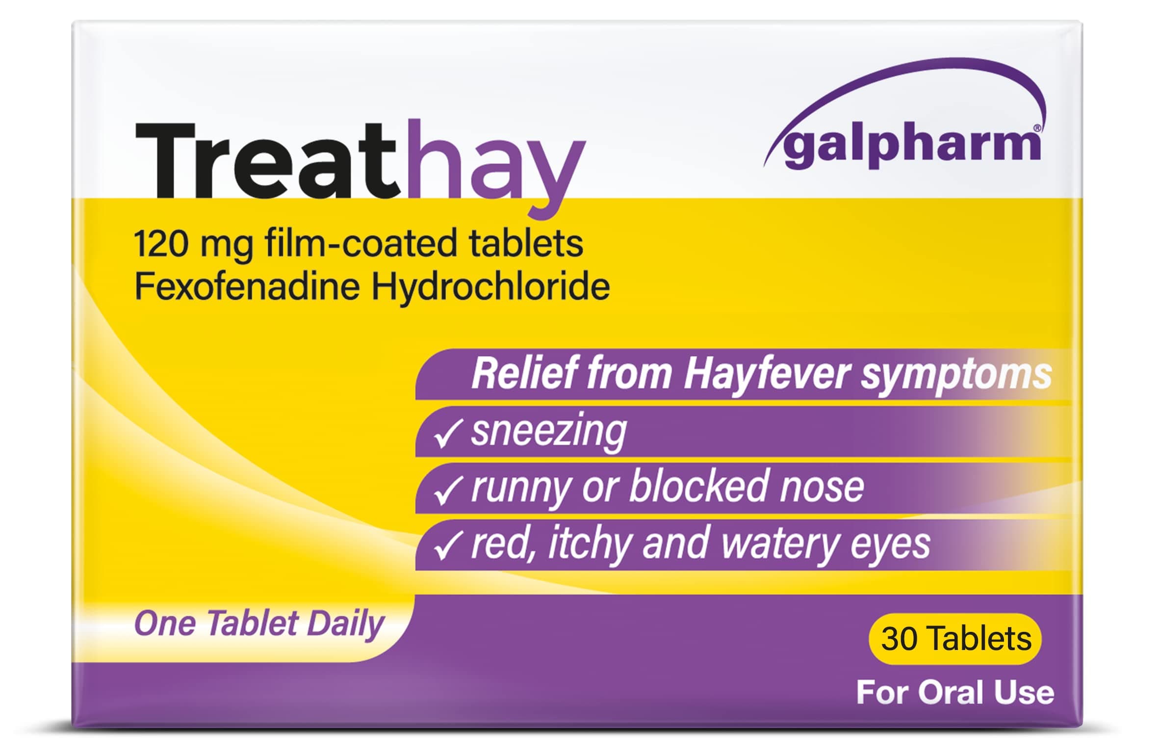 Galpharm Treathay Hayfever Relief Fexofenadine Hydrochloride Tablets 120mg, Up to 24hrs Relief from Hayfever, Sneezing, Itchy Eyes and Runny Noses, 30 Tablets